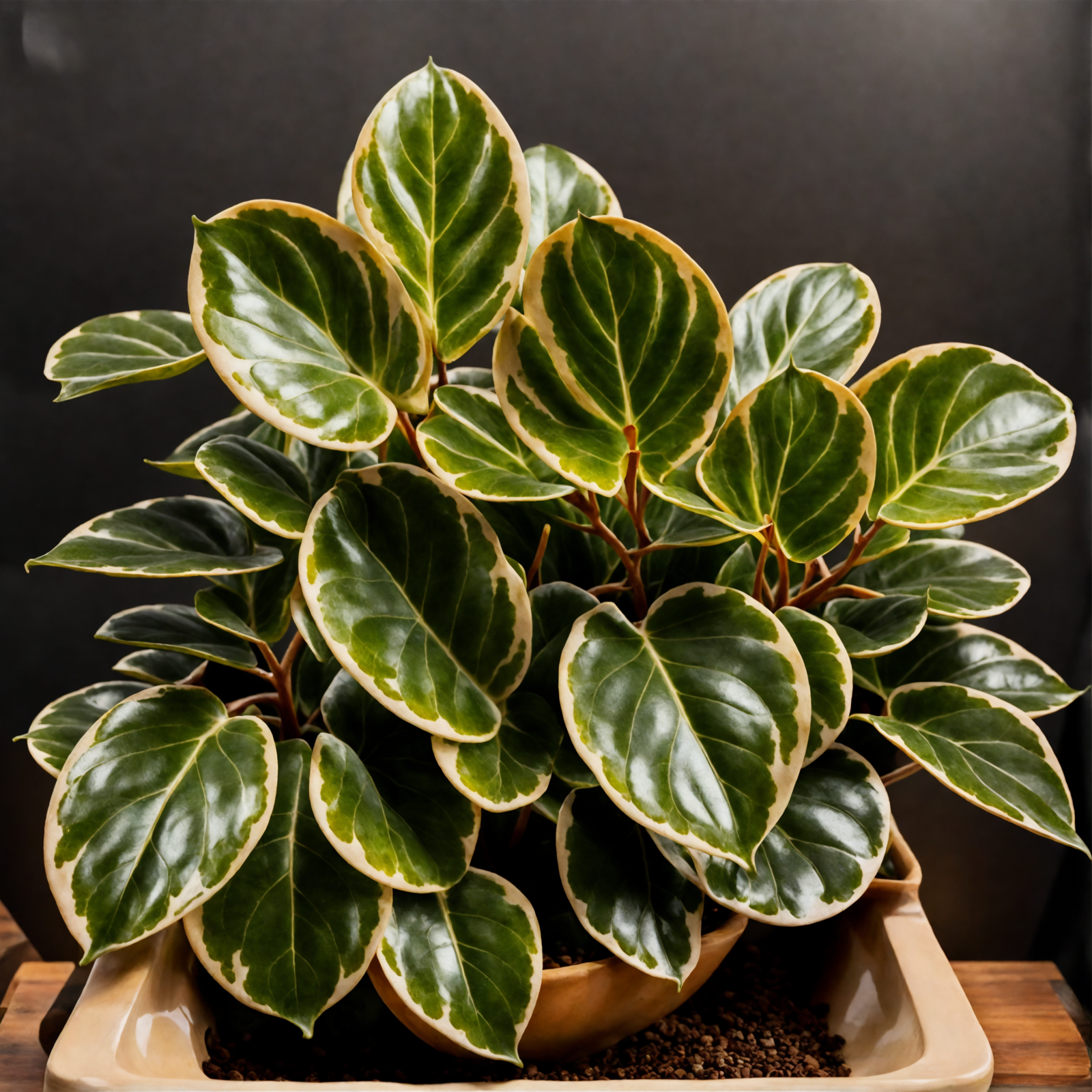 Peperomia obtusifolia in a planter, with lush leaves, against a dark background, in clear, neutral-toned lighting.