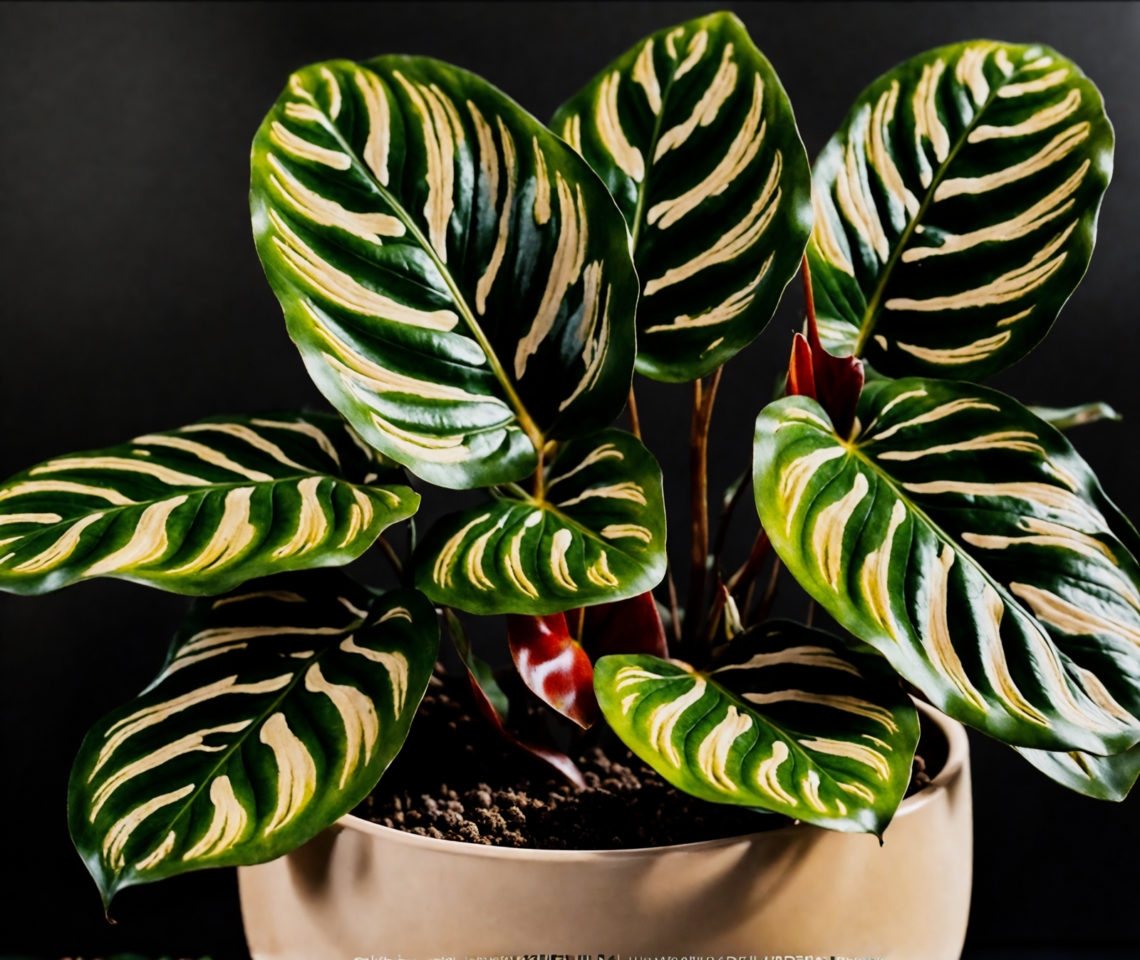 Goeppertia makoyana (prayer plant) with patterned leaves in a bowl, clear indoor lighting, dark background.