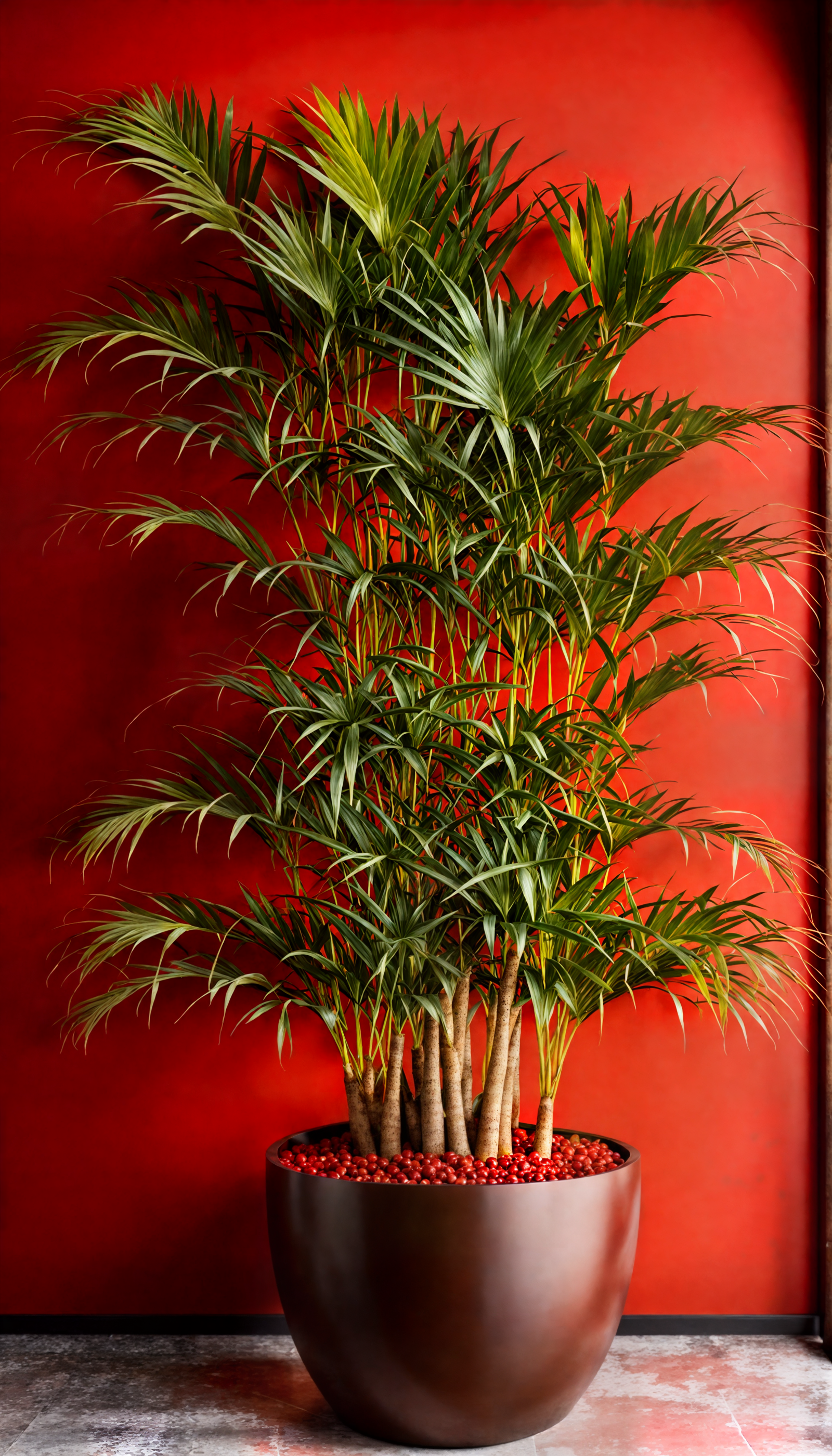 Dypsis lutescens in a planter, with small potted plants on licorice flooring, red curtains in the background.
