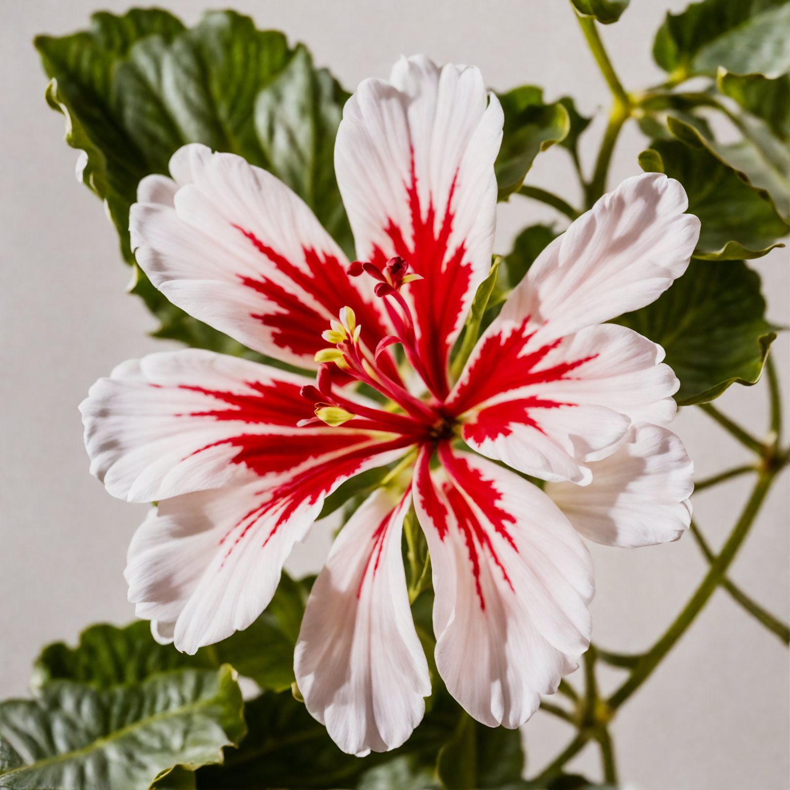 Vibrant Pelargonium peltatum flowers in shades of pink and white, centered on a light background.