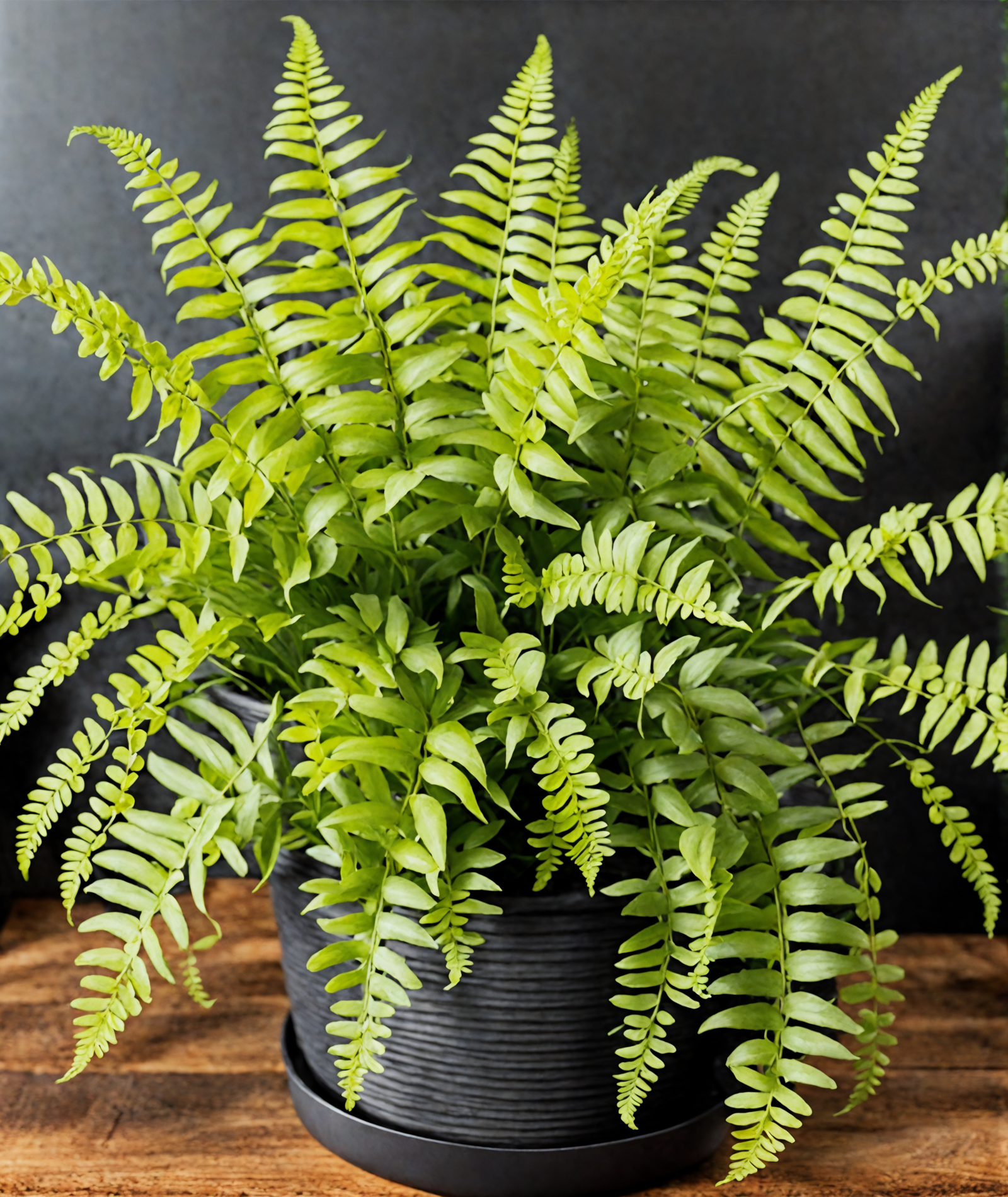 Nephrolepis exaltata (Boston fern) in a black bowl on a wooden surface, with clear, well-lit neutral backdrop.