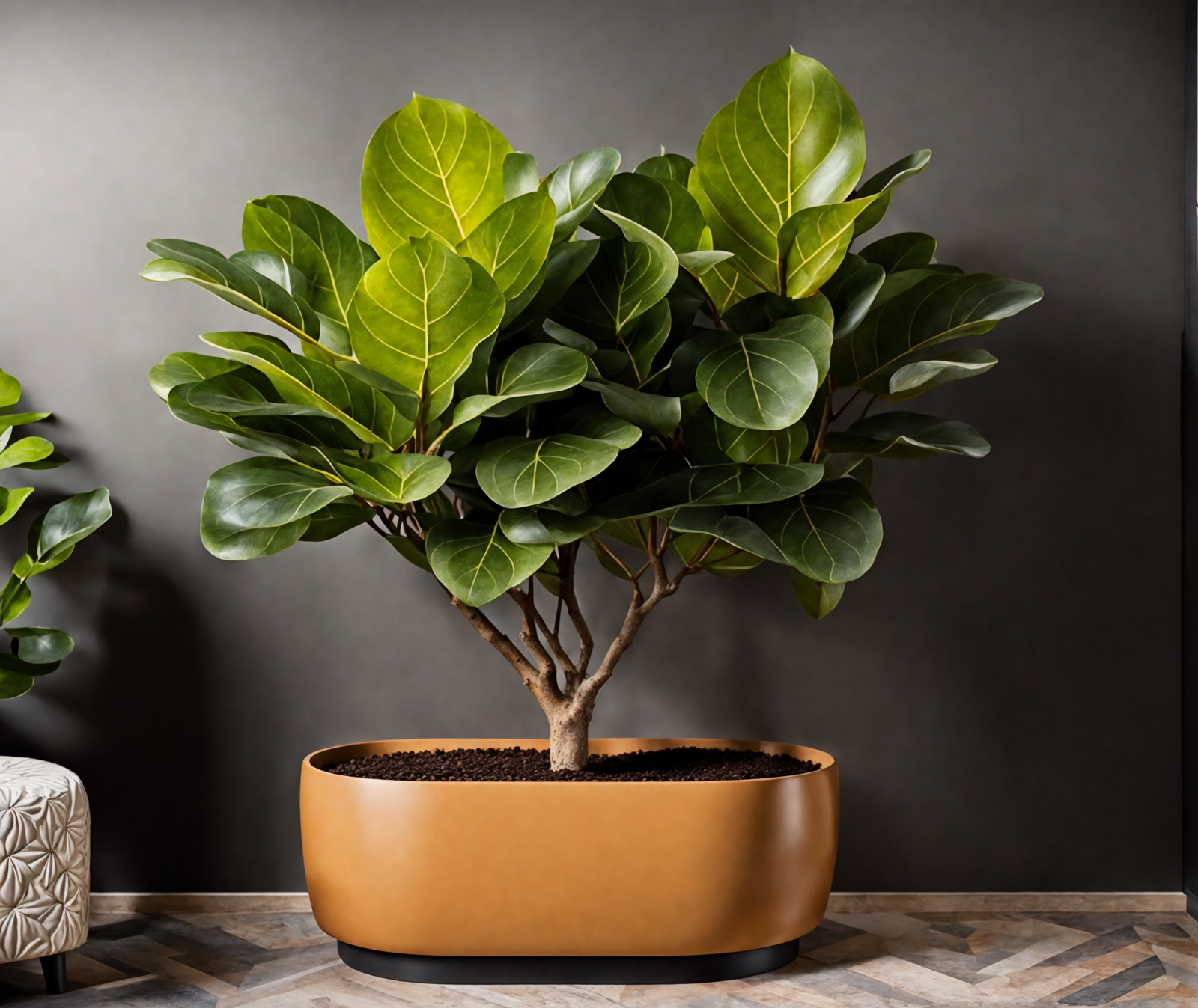 Two Ficus lyrata in brown vases on a wooden table, with clear lighting and a dark background.
