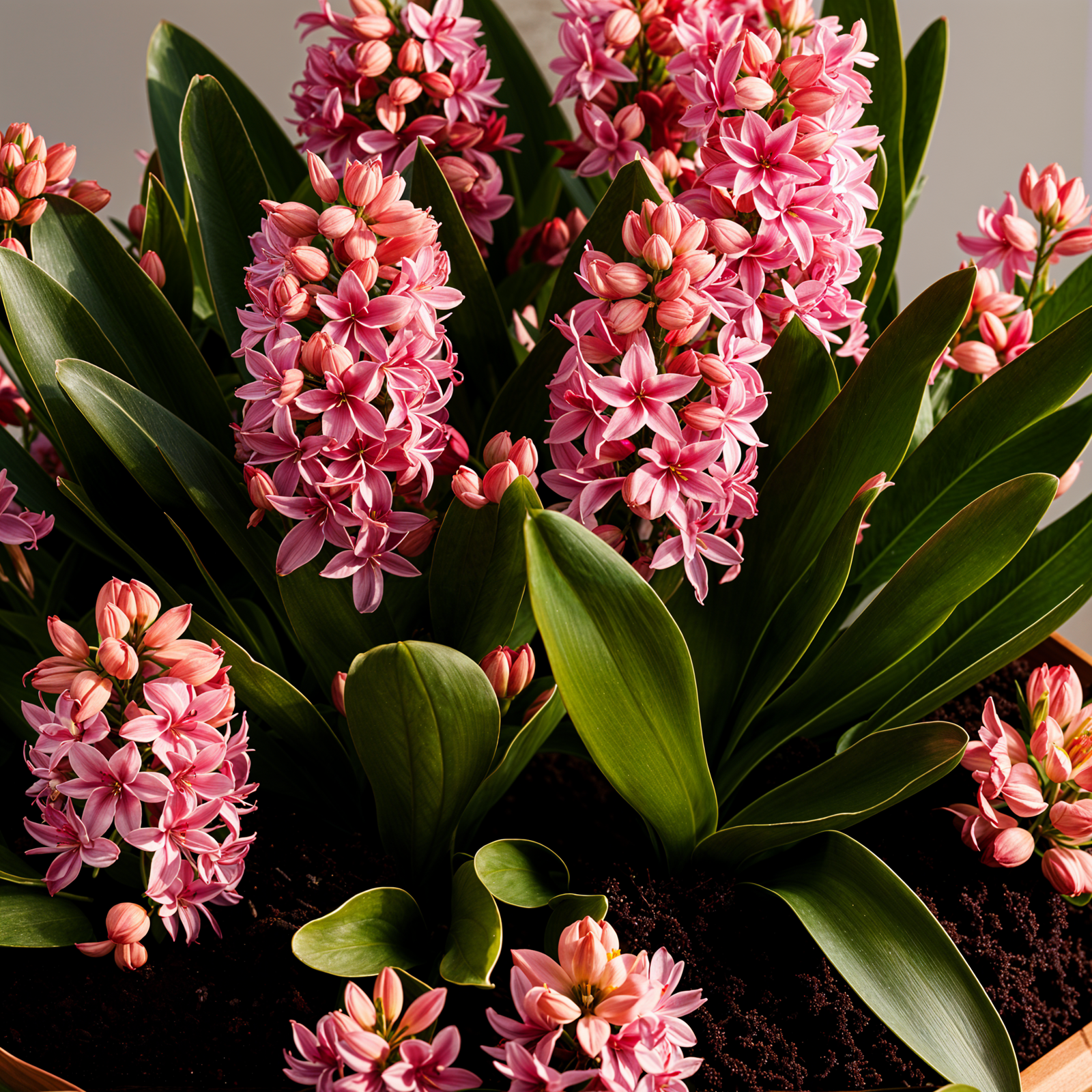 Hyacinthus orientalis in a planter, with a flower, under clear lighting against a dark background.