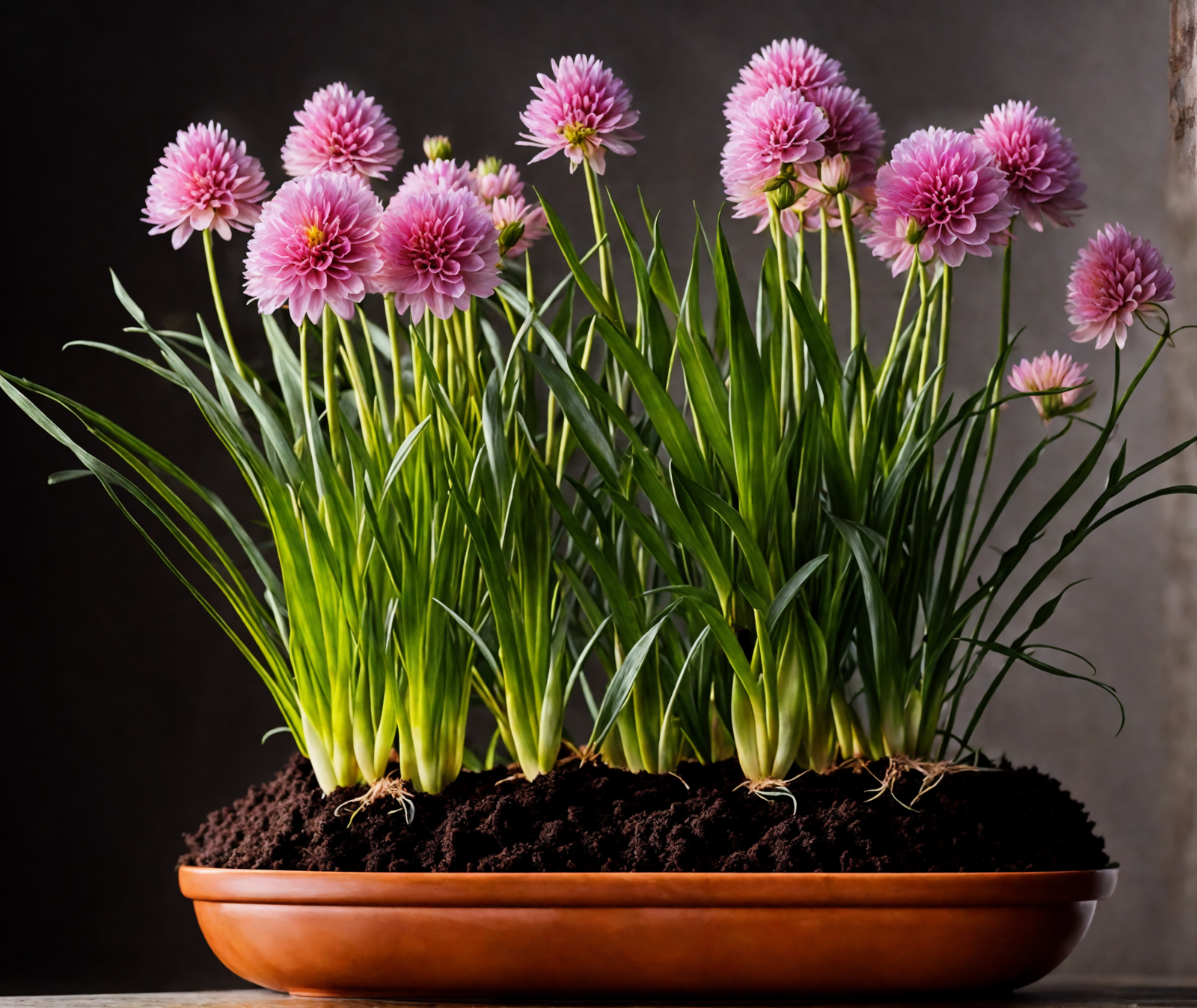 A bowl of pink Allium schoenoprasum flowers on a table, with clear lighting and a dark background.