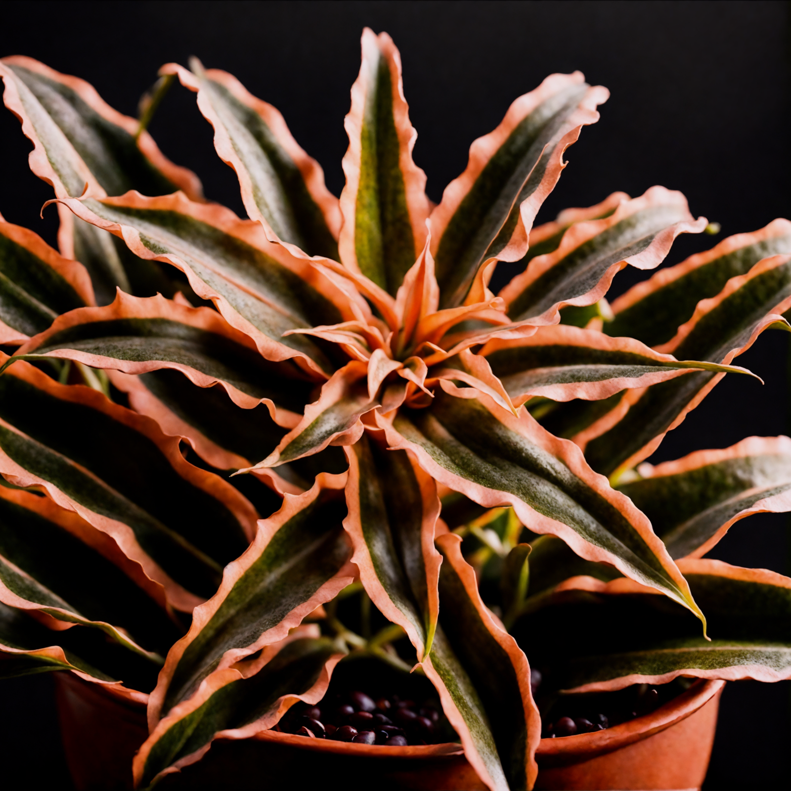 Vibrant red Cryptanthus bivittatus with striped leaves in a bowl, clear indoor lighting, dark background.