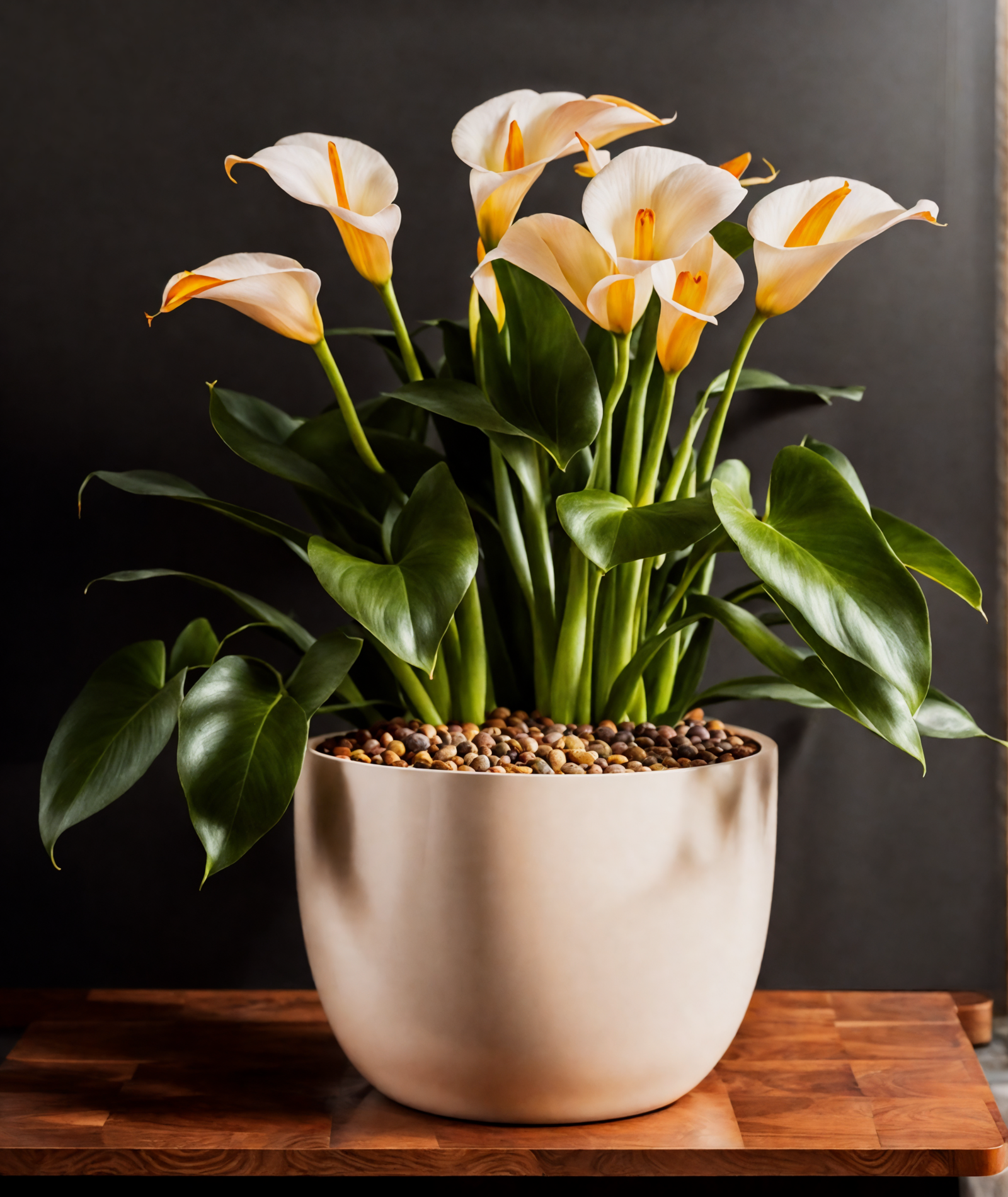Potted Zantedeschia aethiopica with orange and white blooms on a wooden table, clear indoor lighting.