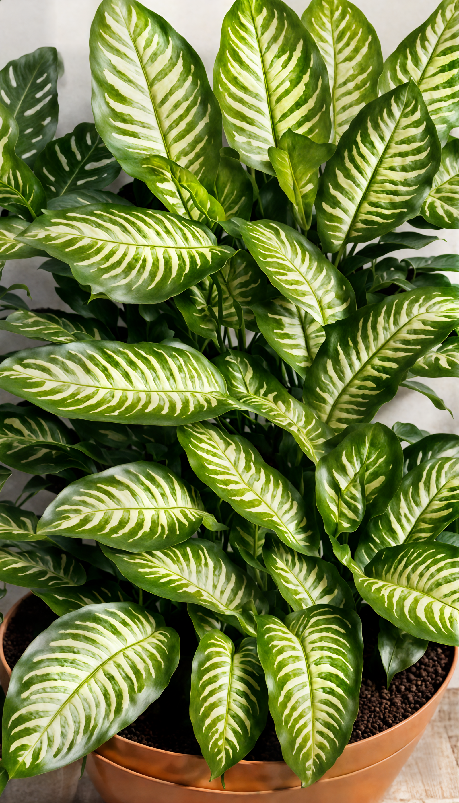 Dieffenbachia seguine in a bowl planter, with lush leaves, part of indoor decor, under clear lighting.