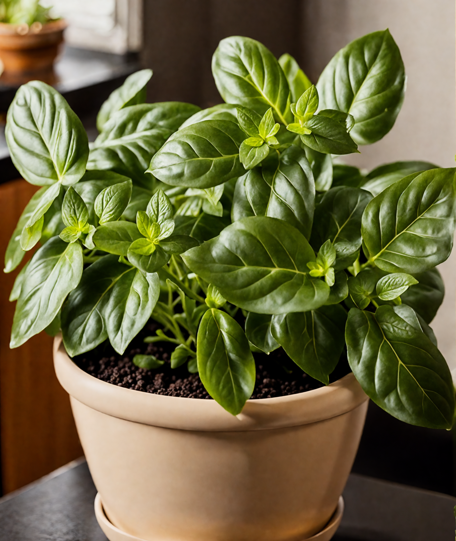 A realistic Ocimum basilicum (basil) plant in a brown bowl, with clear lighting against a dark background.