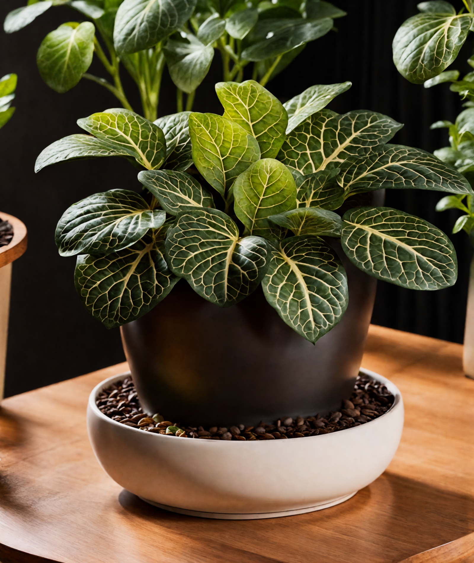 Fittonia albivenis, with its distinct vein patterns, nestled in a planter on a wooden table, in clear, neutral light.