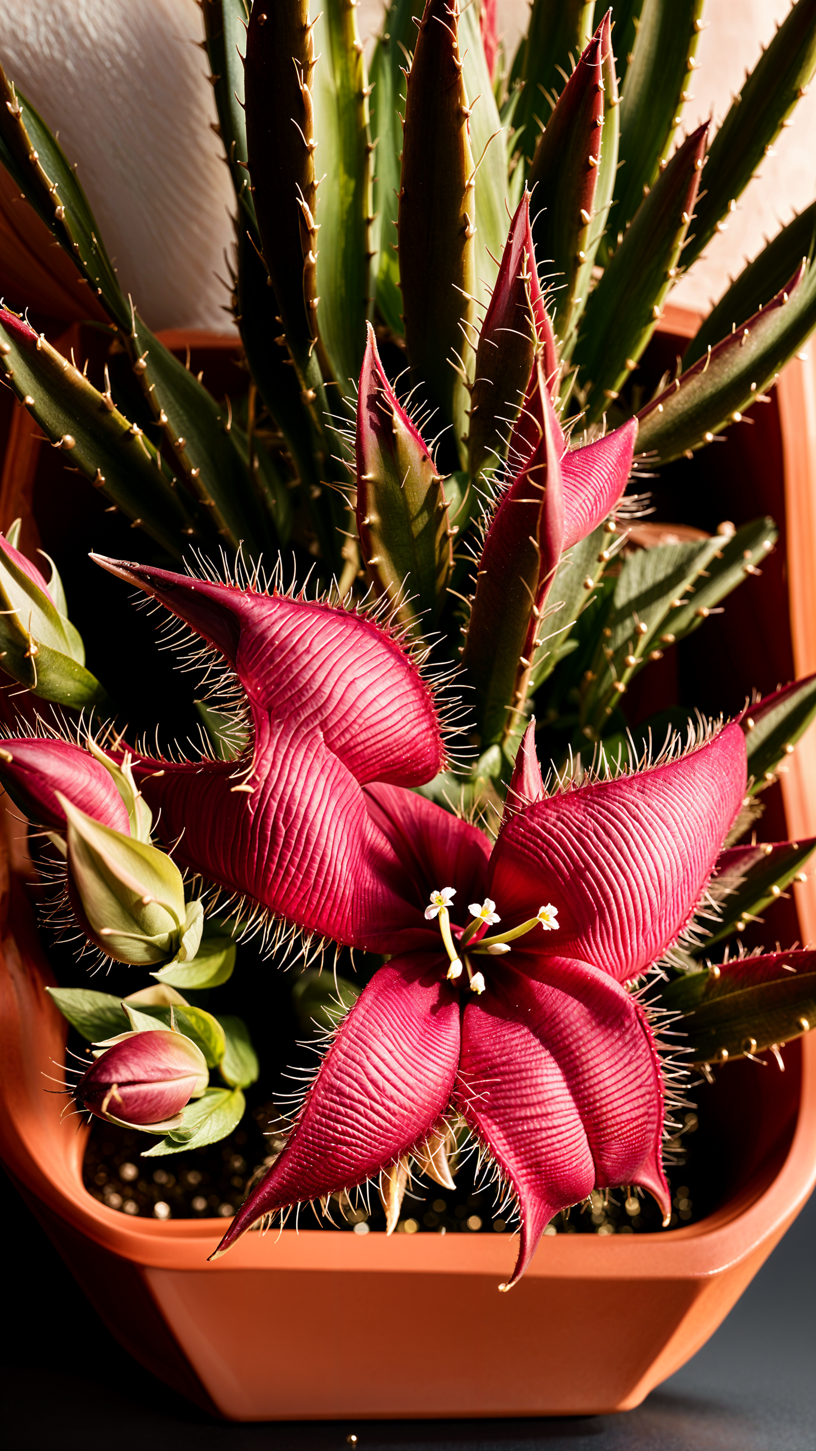Stapelia hirsuta plant with flower in a planter, displayed indoors under clear lighting.