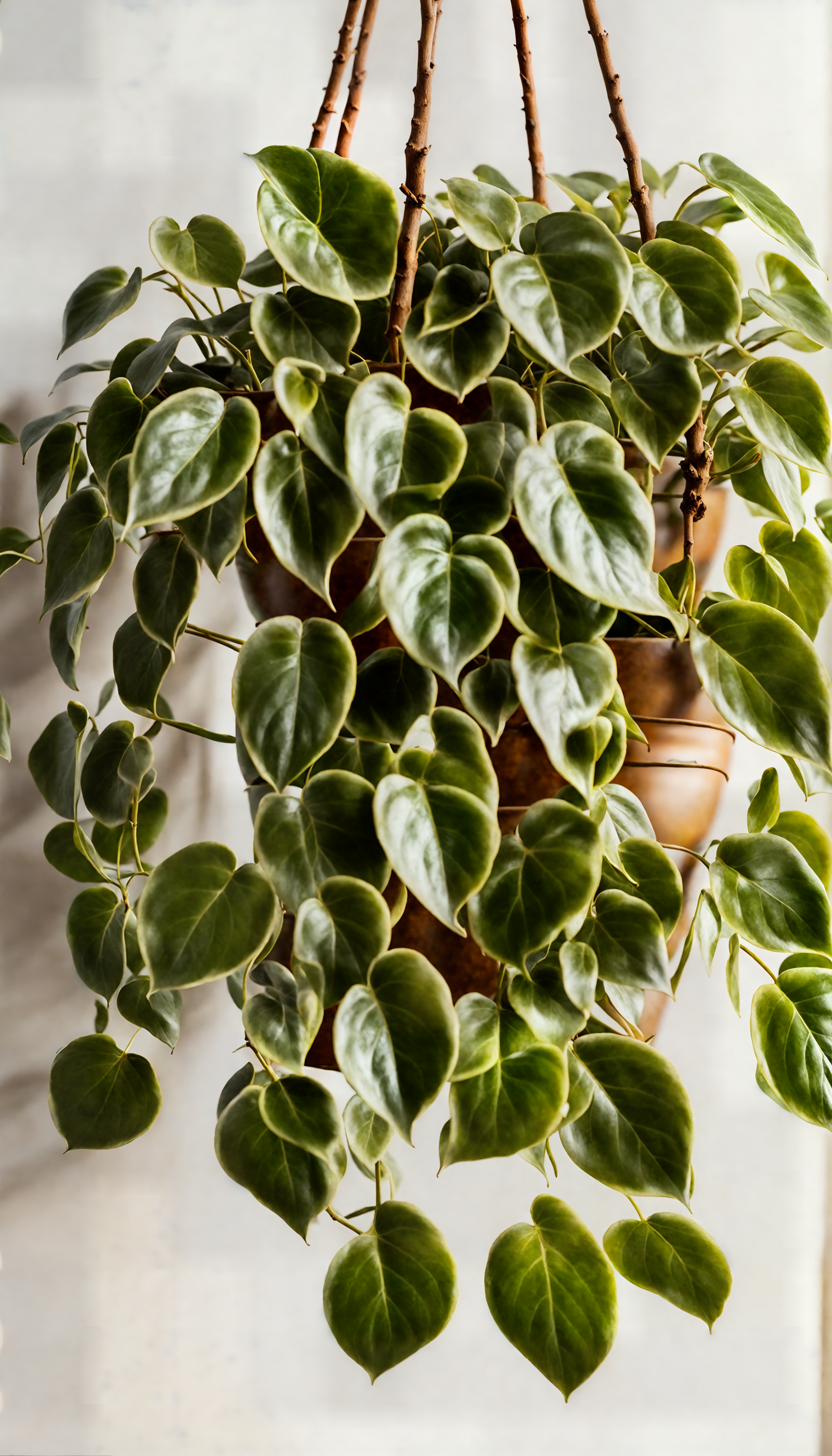 Peperomia serpens with distinctive leaves in a hanging planter, part of indoor decor with clear lighting.