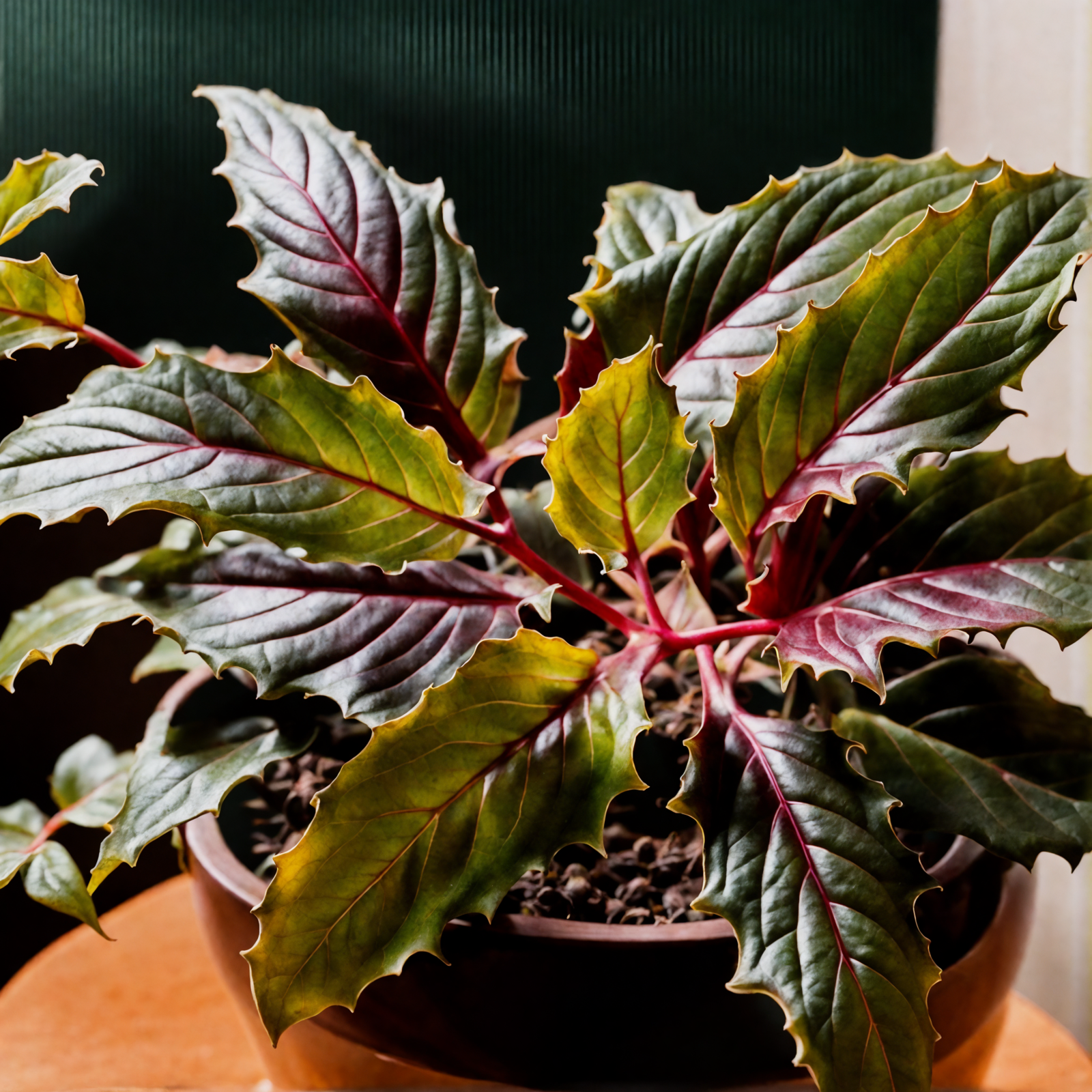 Gynura aurantiaca with vibrant leaves in a bowl on a table, well-lit against a dark background.
