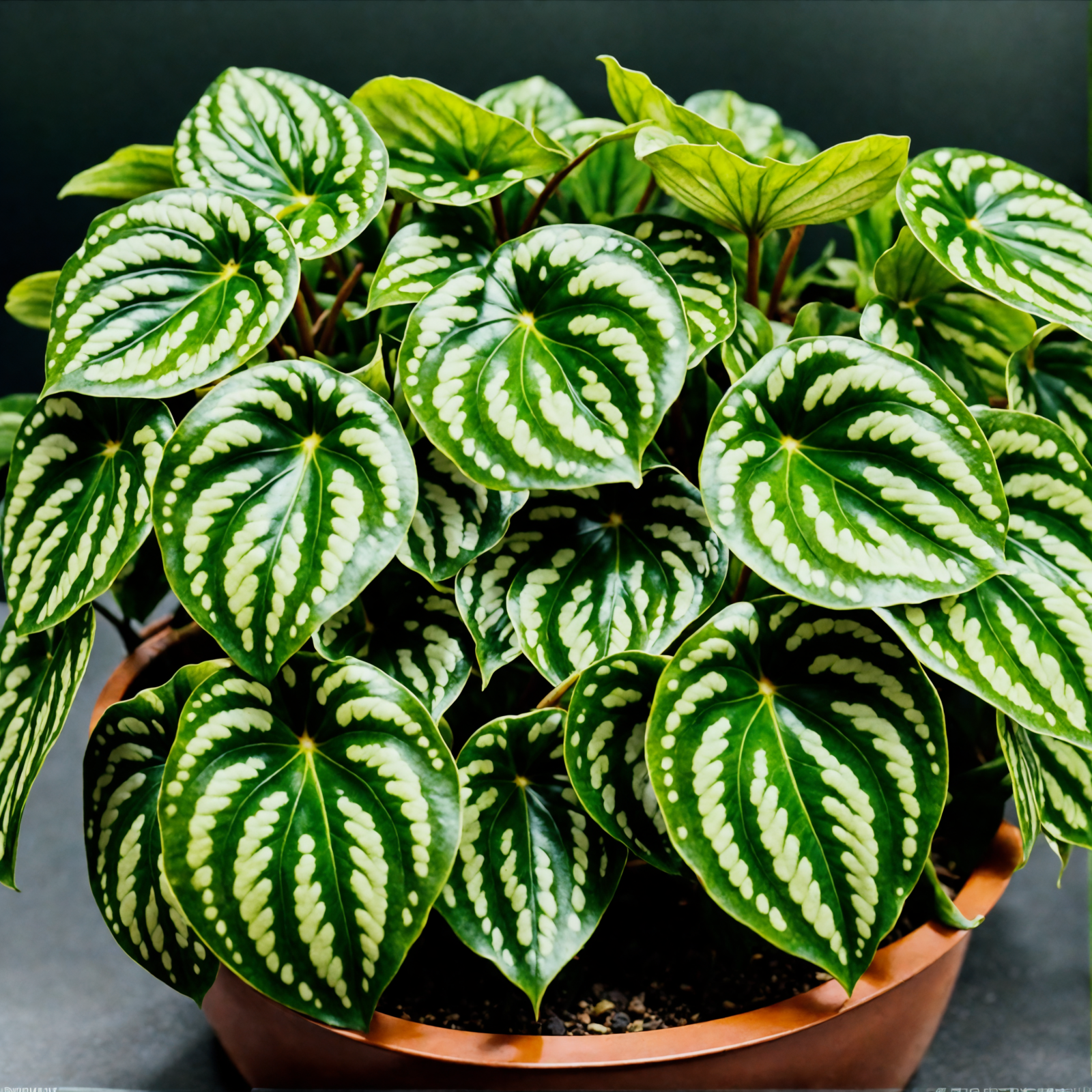 Peperomia argyreia, with its watermelon-patterned leaves, in a bowl planter against a dark backdrop.
