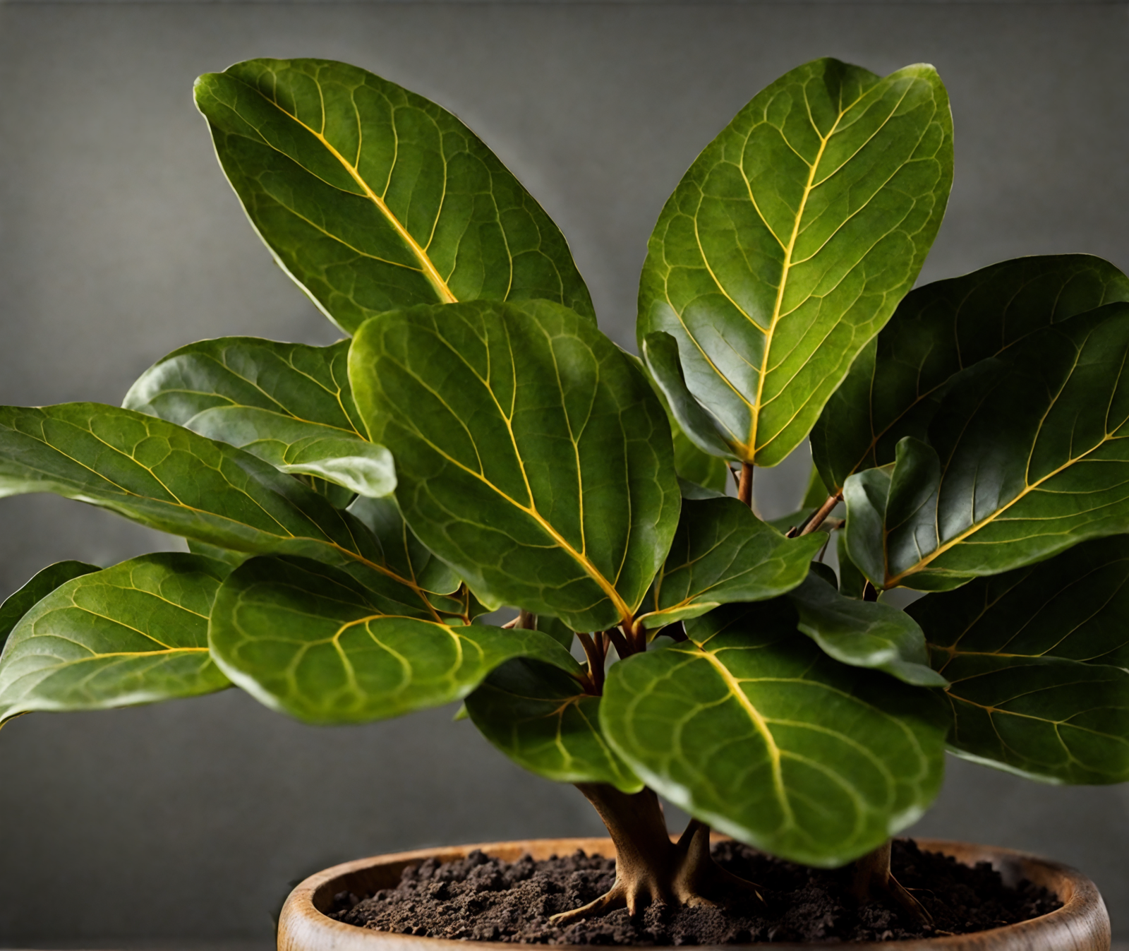 Ficus lyrata in a planter, with a leafy branch and tree form, in a well-lit room against a dark background.