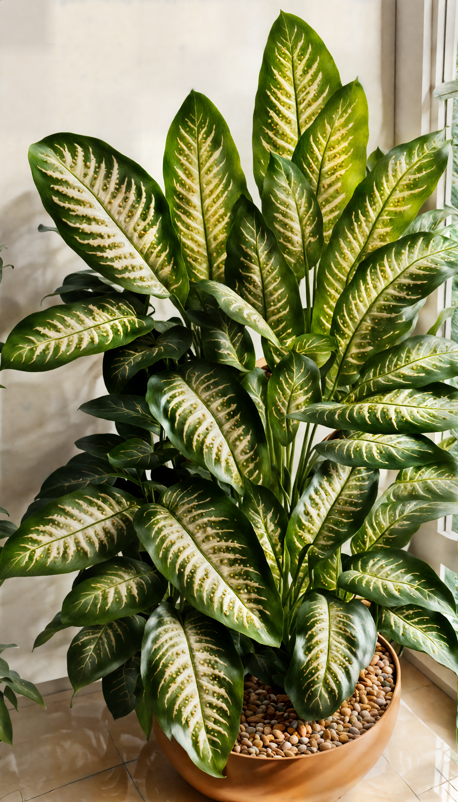 Dieffenbachia seguine in a bowl planter, with more plants behind, in a well-lit indoor setting.