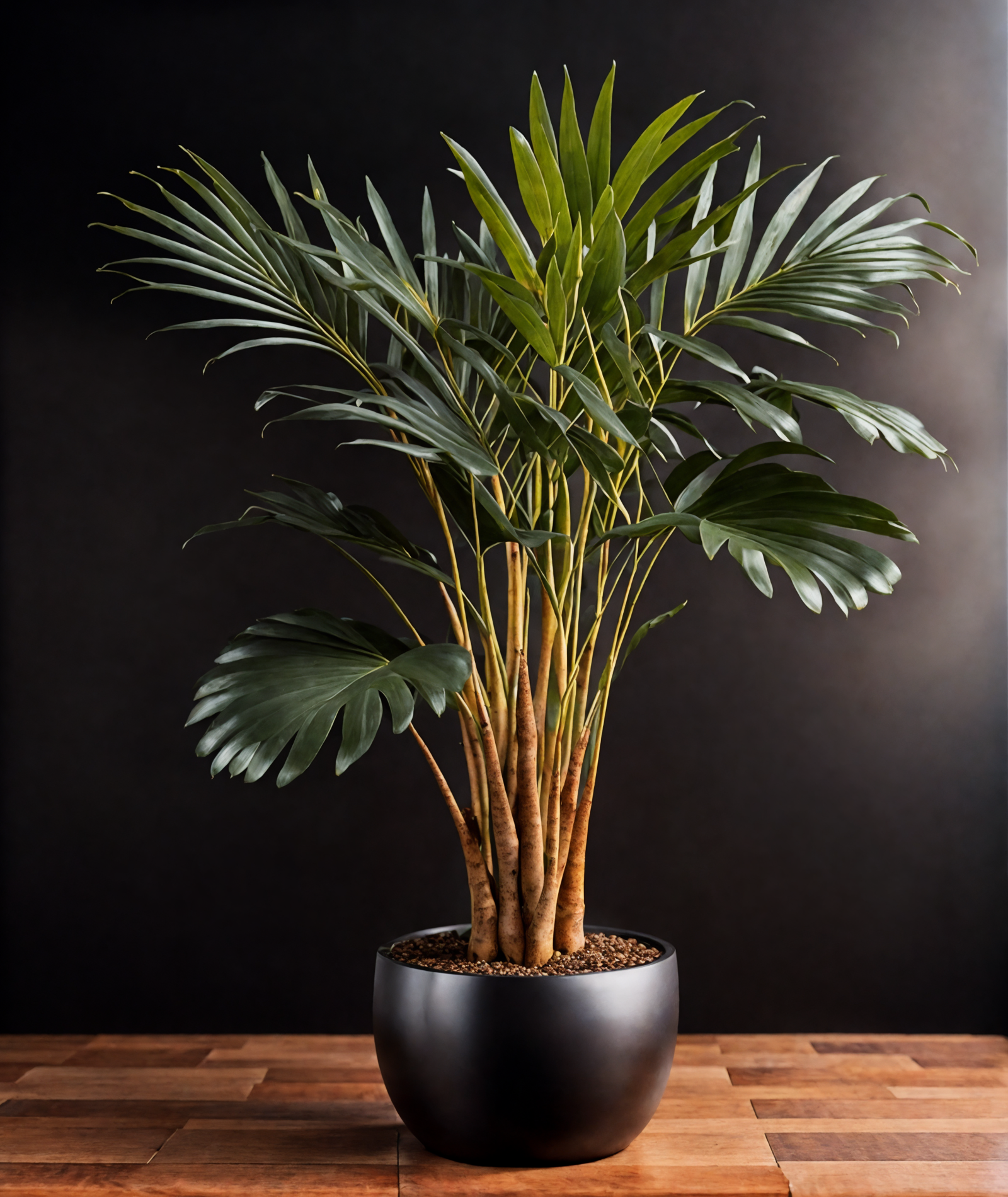 Howea forsteriana in a brown vase on a wooden table, with clear lighting and a dark background.
