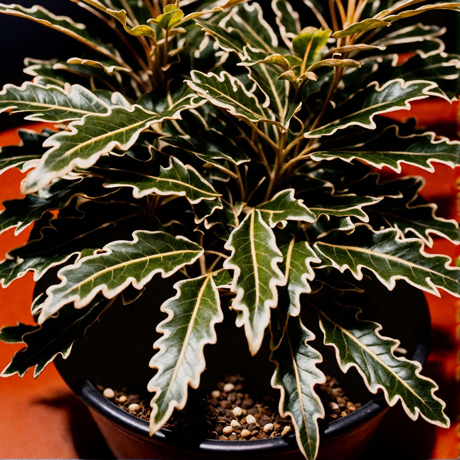 Plerandra elegantissima leaves in a bowl and planter, with a dark background and clear indoor lighting.