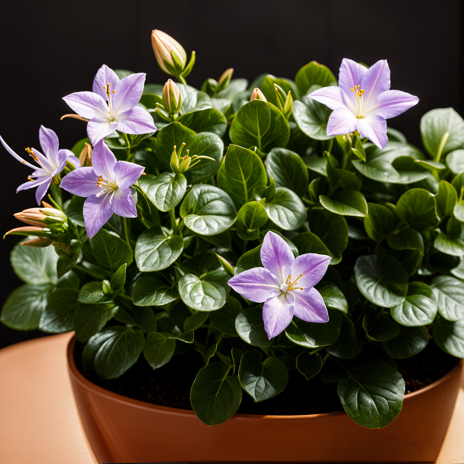 Campanula isophylla, a detailed plant with flowers, in a planter under clear indoor lighting.
