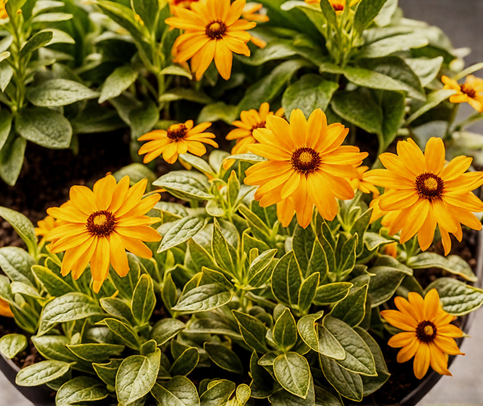 Rudbeckia hirta flowers arranged in a bowl, with clear lighting against a dark background, as indoor decor.