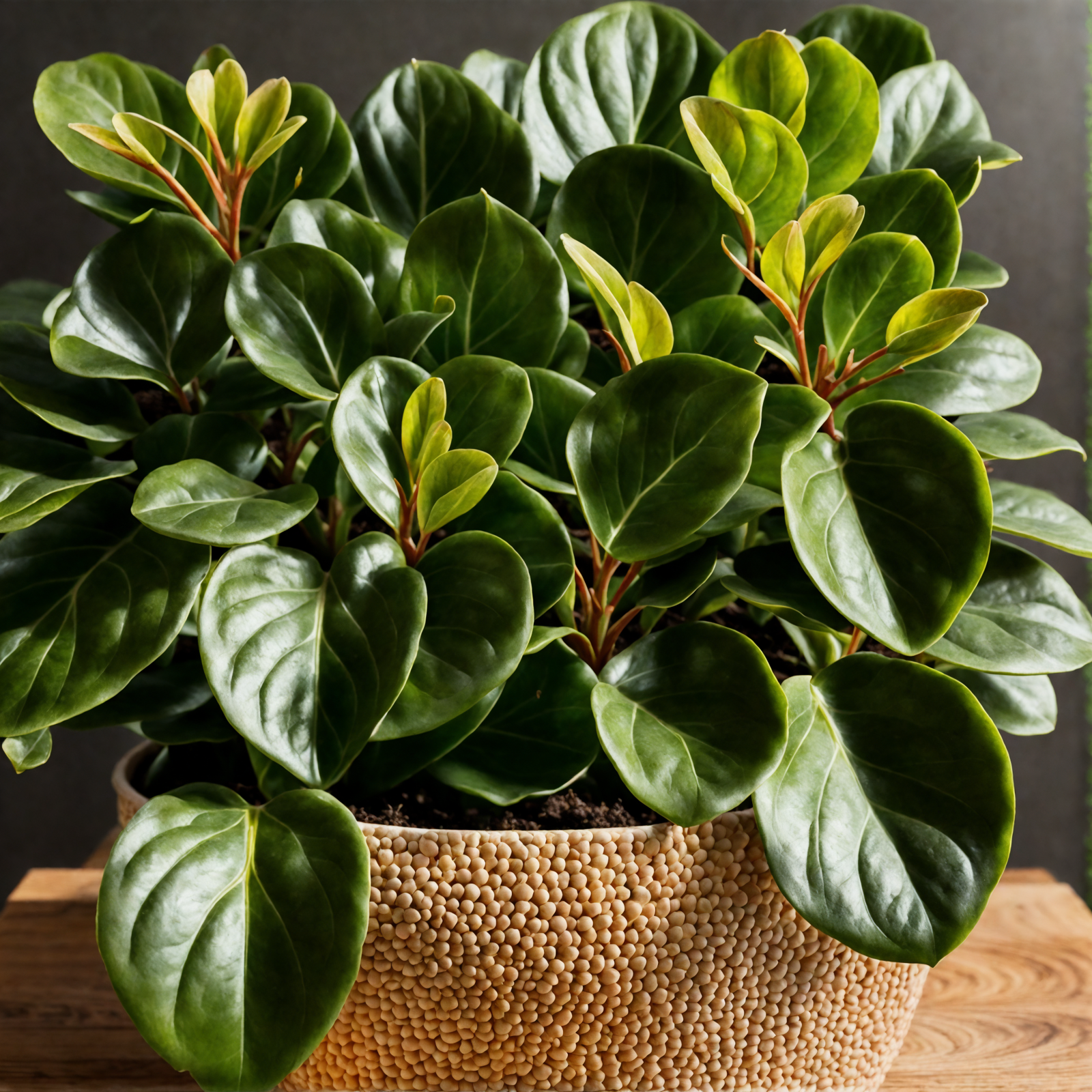 Peperomia obtusifolia in a bowl planter on a wooden table, with clear lighting and a dark background.