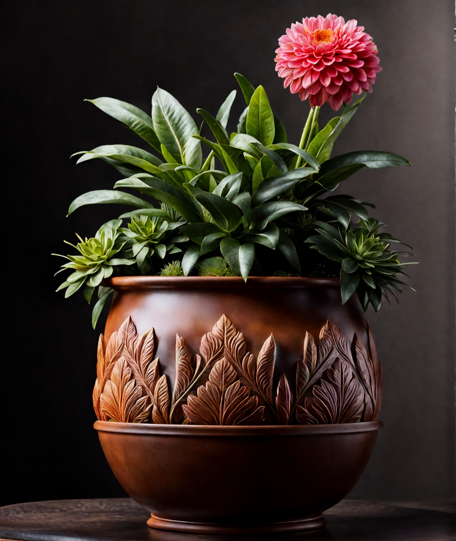 Xerochrysum bracteatum with pink blooms in a brown bowl, clear lighting, against a dark background.