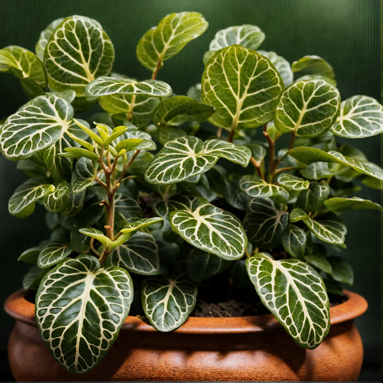 Fittonia albivenis with vibrant green leaves in a planter, clear lighting against a dark background.