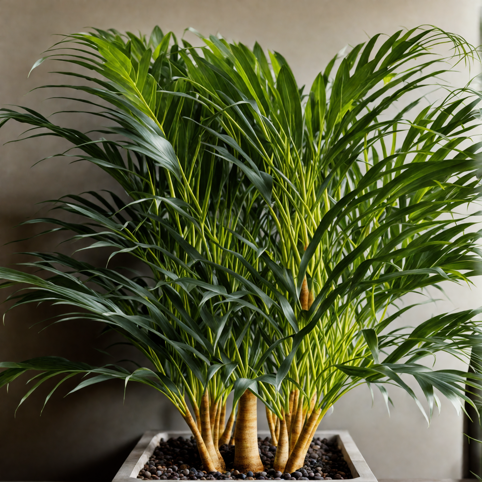 Potted Dypsis lutescens (Areca Palm) on a table, with clear lighting and a dark background.