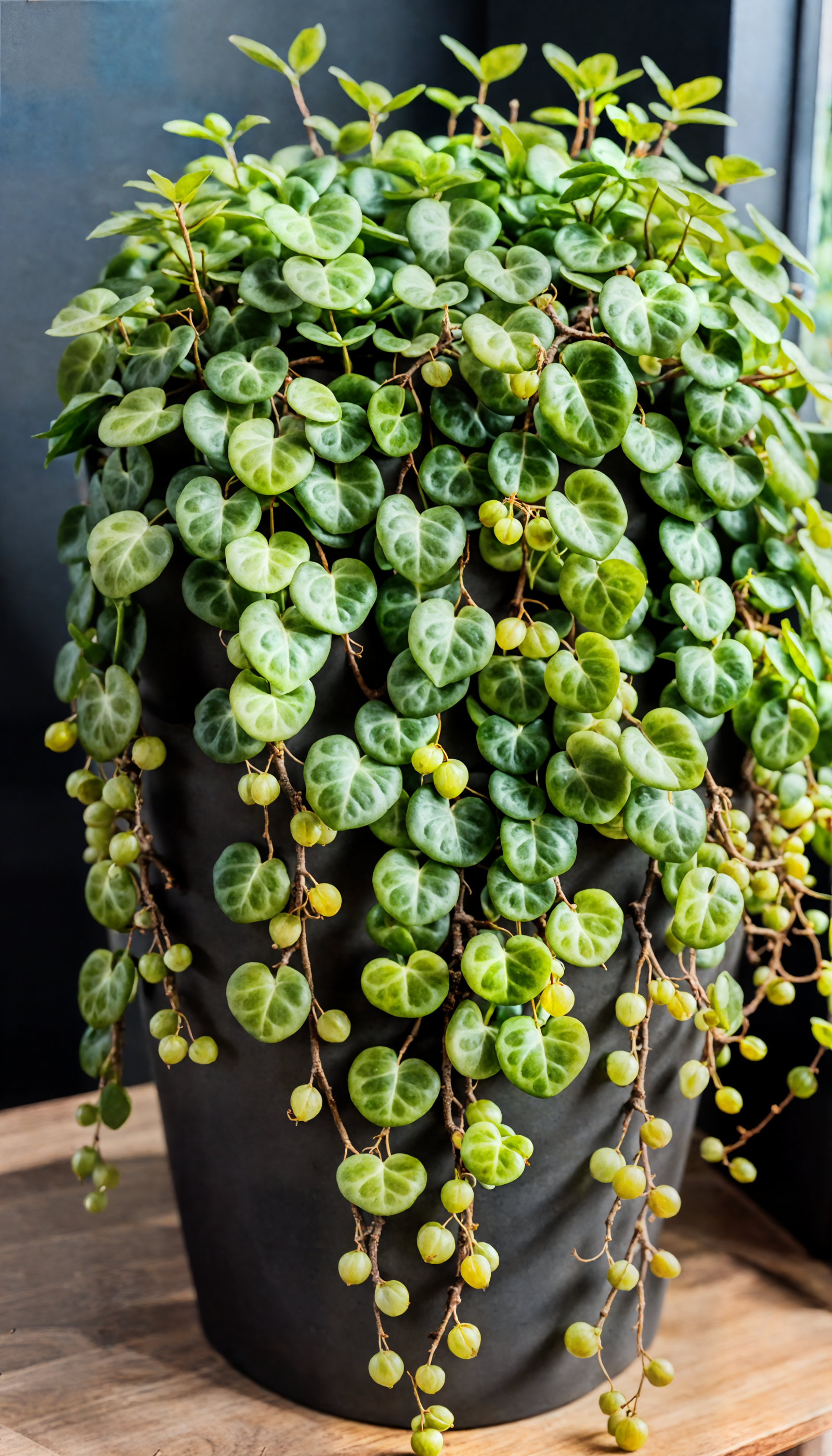 Peperomia prostrata in a planter on a wooden table, with clear lighting and a dark background.