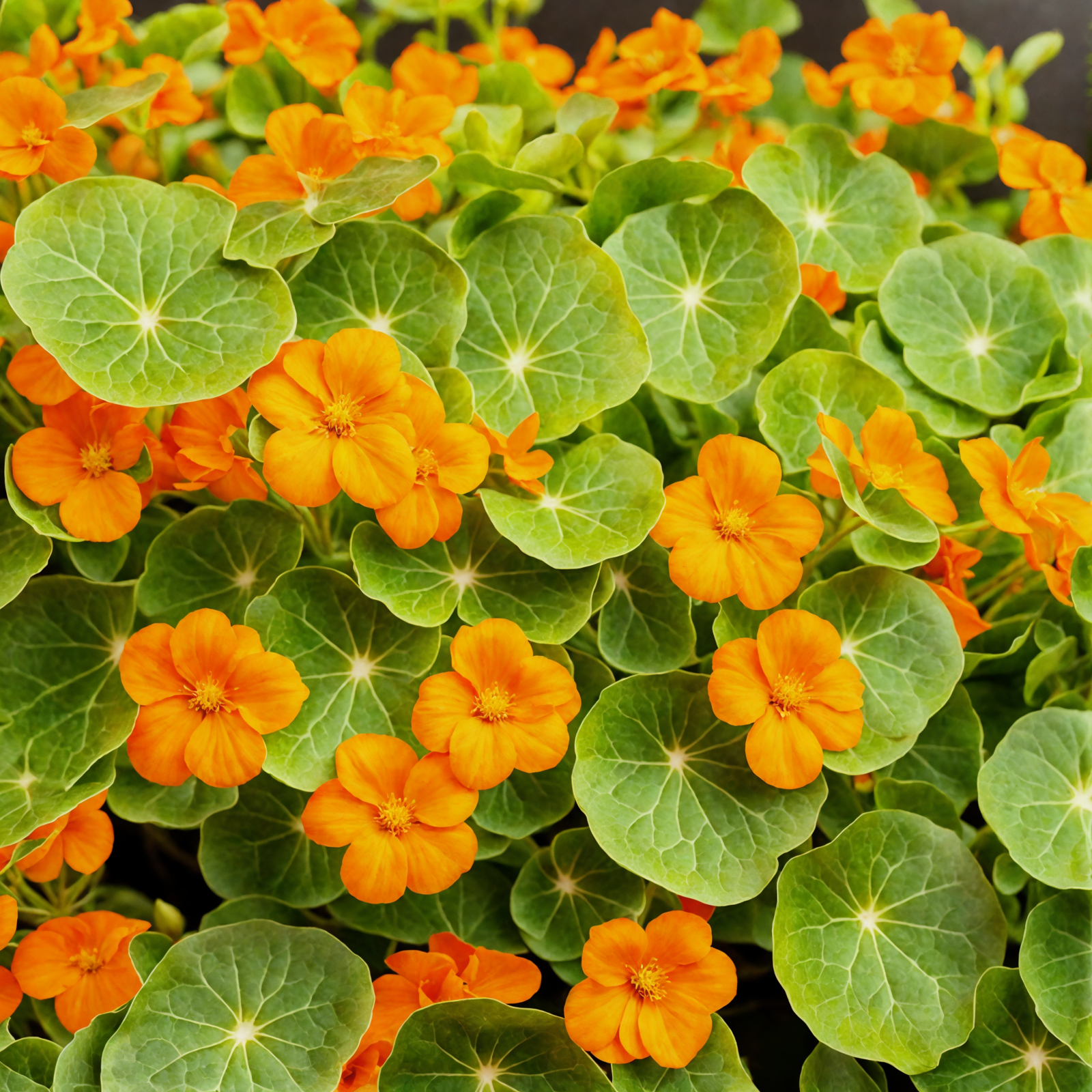 Tropaeolum majus with vibrant orange flowers in a planter, clear lighting, against a dark background.