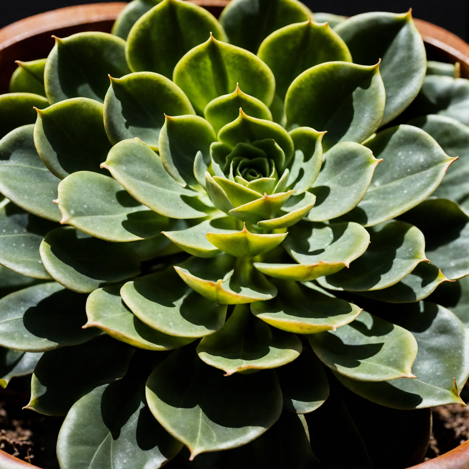 Echeveria secunda in a bowl planter, with detailed green leaves, clear indoor lighting, against a dark background.