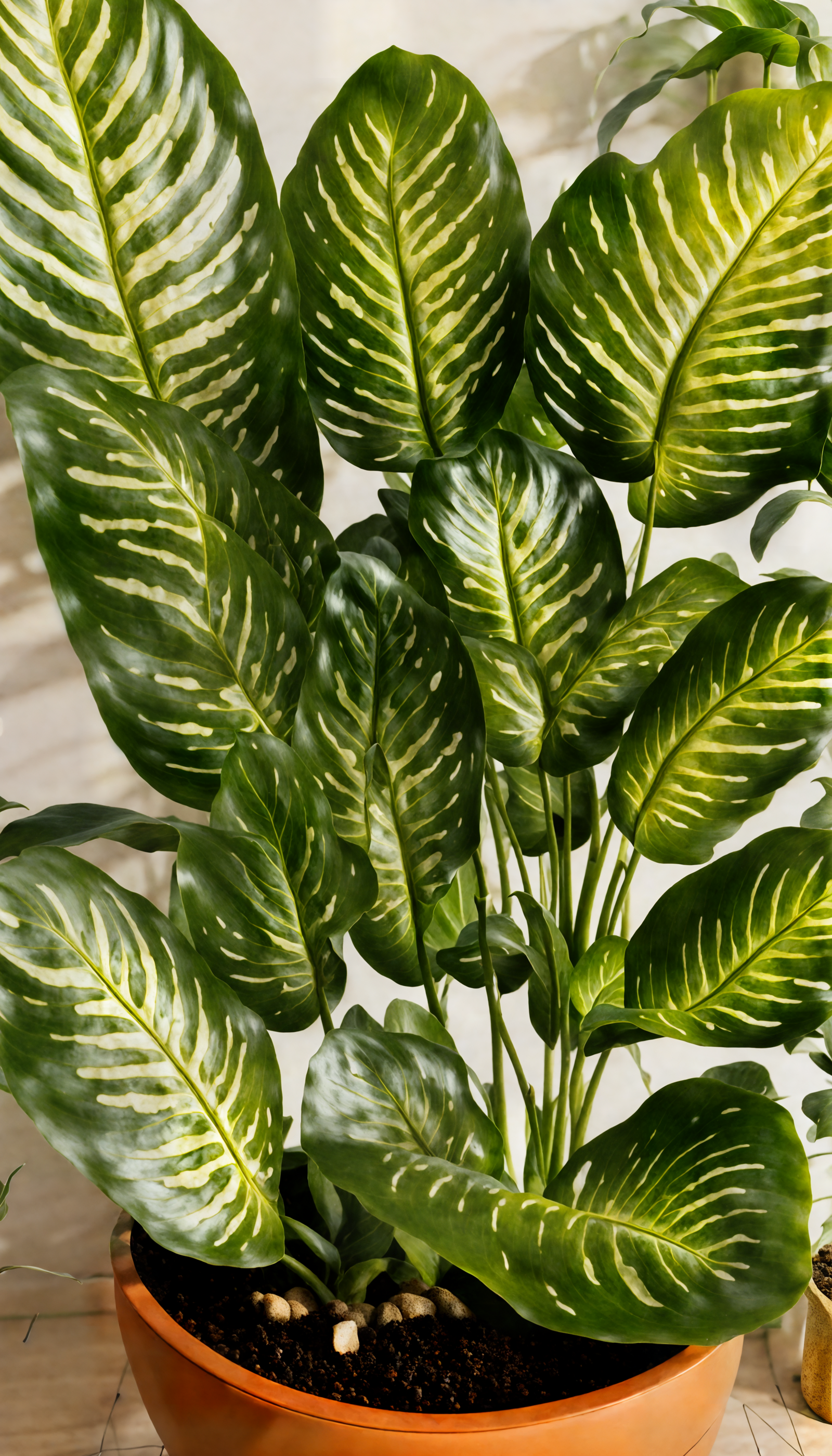 Dieffenbachia seguine in a bowl planter, with clear lighting, as part of a hyper-realistic indoor decor.
