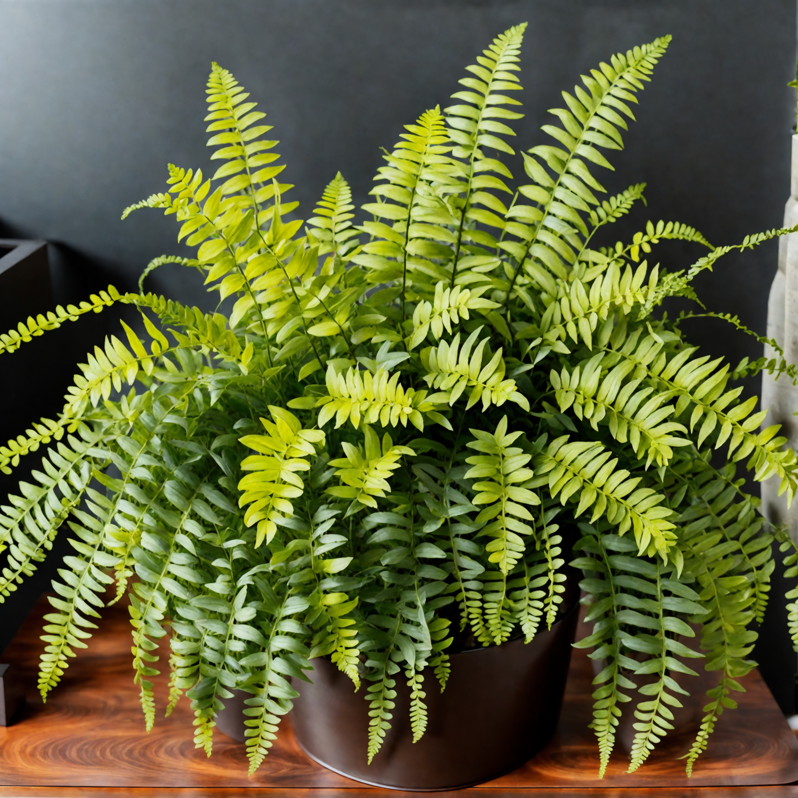 Nephrolepis exaltata (Boston fern) in a brown vase on a wooden table, clear lighting, neutral setting.