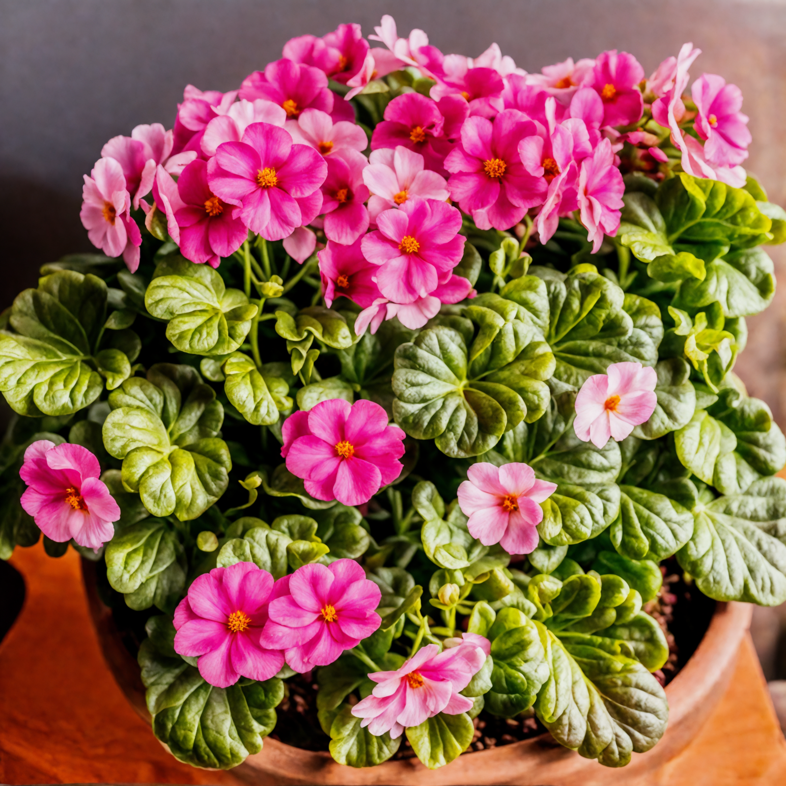 Primula obconica with pink blooms in a wooden bowl, clear lighting, against a dark background.