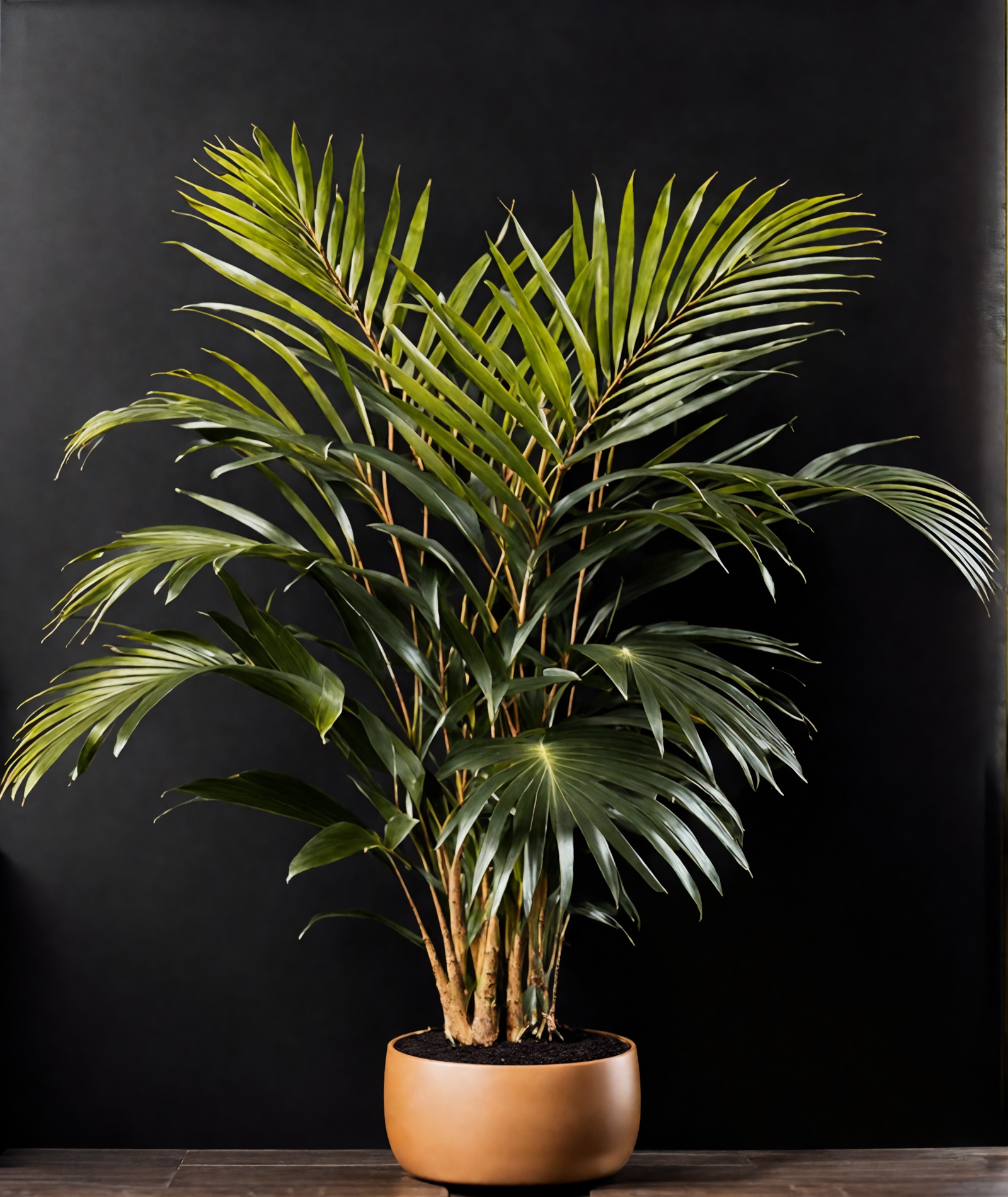 Howea forsteriana in a brown planter on a wooden table, with clear lighting and a dark background.