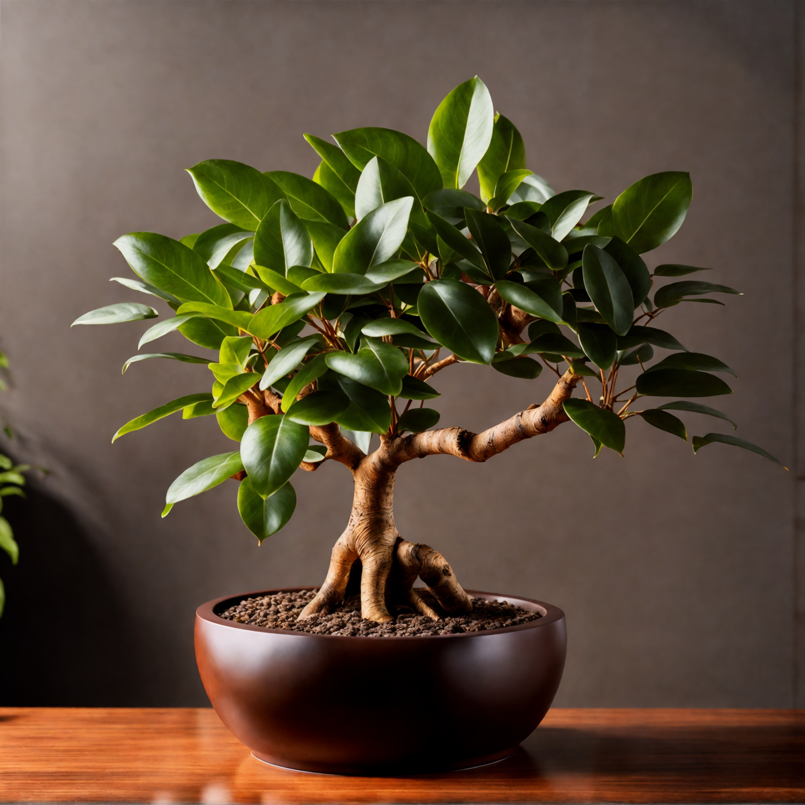 Ficus microcarpa in a brown bowl on a wooden table, with clear lighting and a dark background.