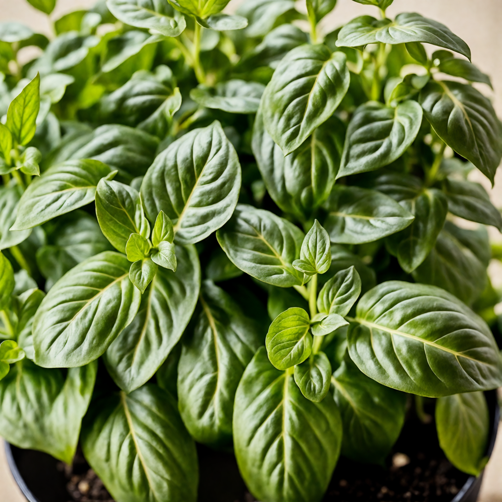 Potted Ocimum basilicum (basil) with lush leaves in a bowl, clear indoor lighting, dark background.