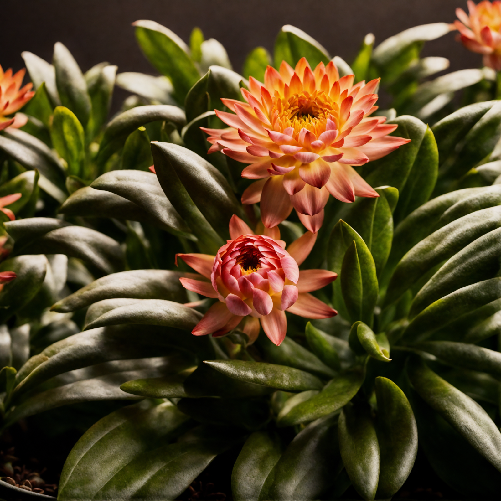 Xerochrysum bracteatum with vibrant pink blooms in a planter, clear lighting, against a dark background.