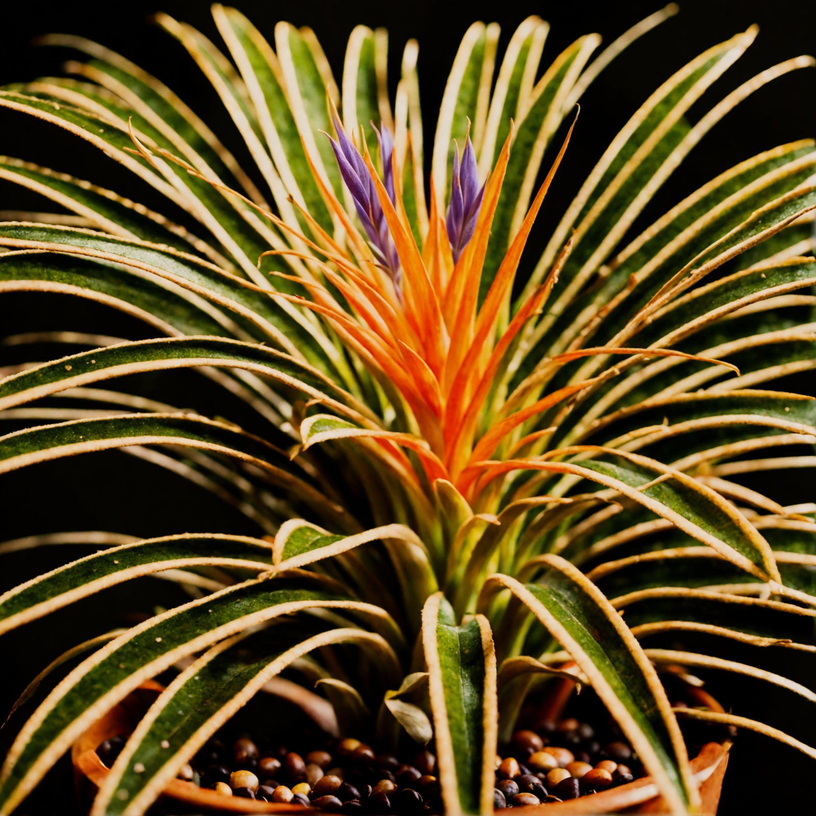 Tillandsia ionantha cluster with purple hues, clear lit against a dark backdrop, indoor setting.