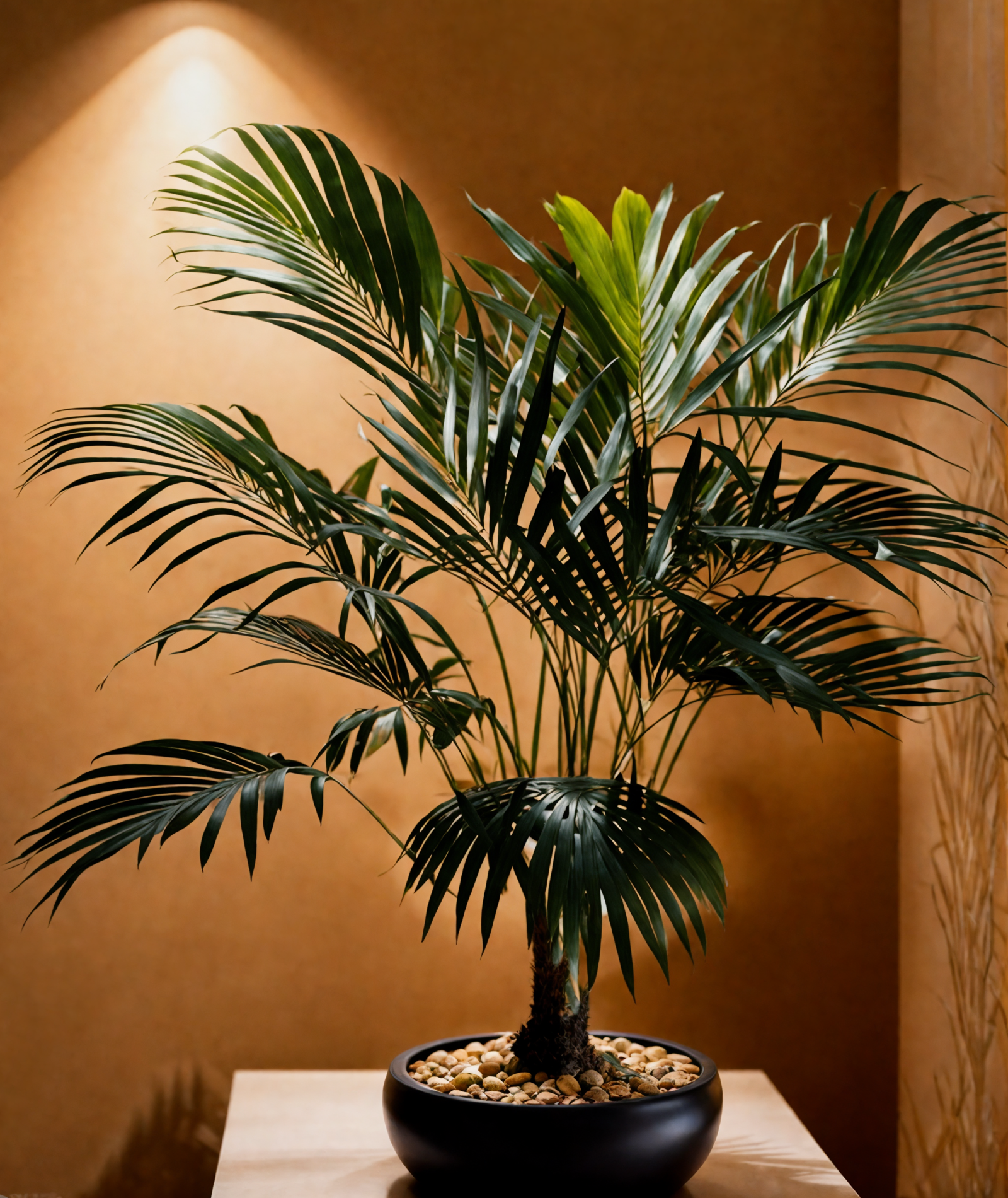 Howea forsteriana in a planter on a table, with clear lighting and a dark background, as part of indoor decor.
