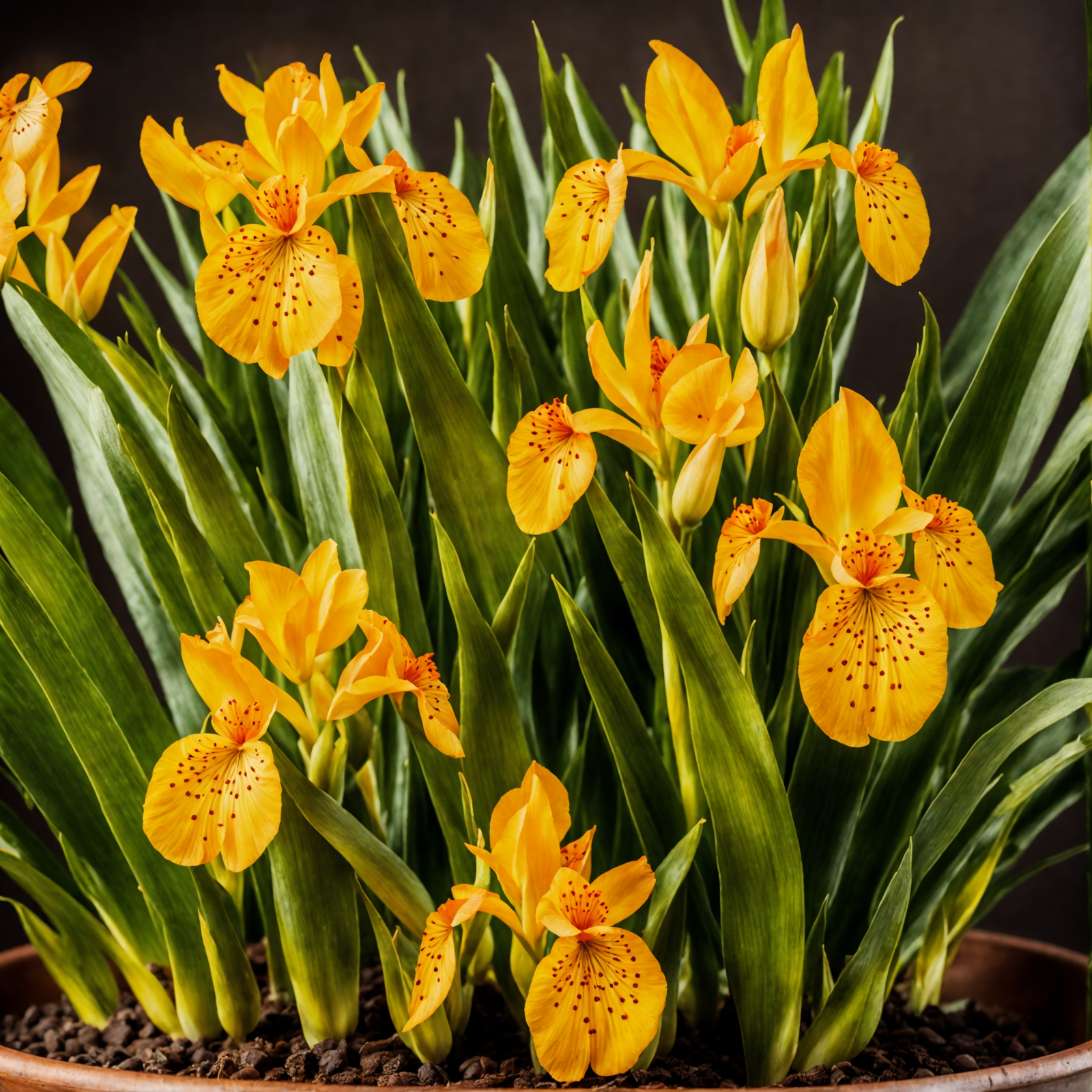 Iris pseudacorus with vibrant yellow flowers in a planter, clear lighting against a dark background.