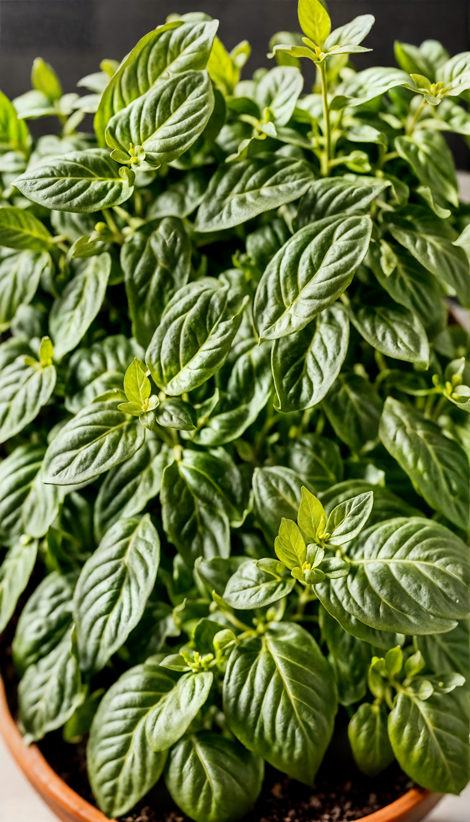 Potted Ocimum basilicum (basil) with vibrant green leaves, in a bowl against a dark background, clear indoor lighting.