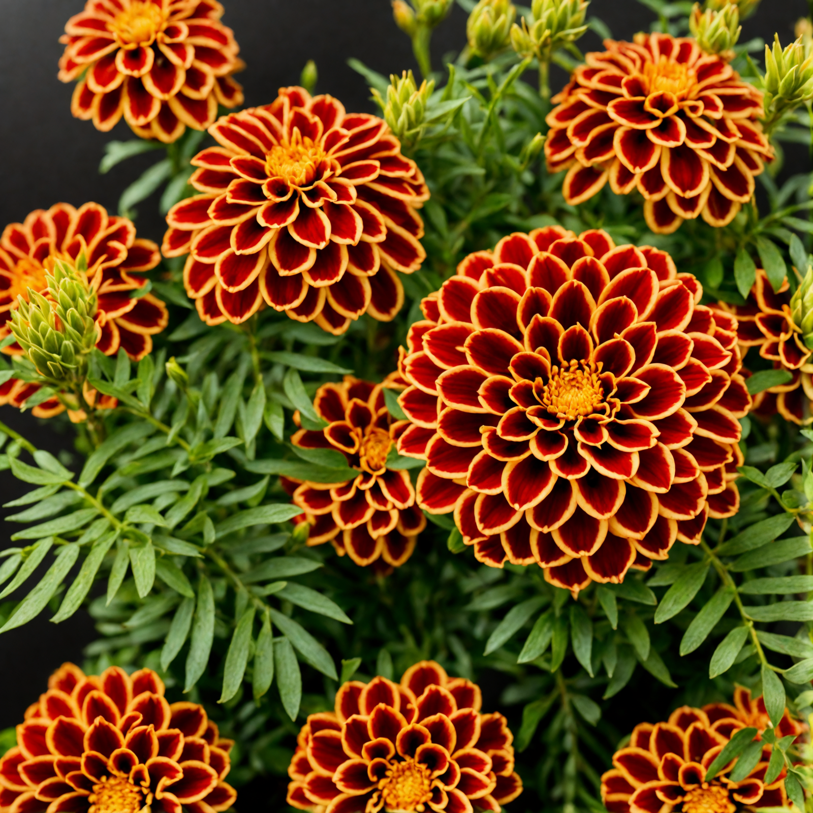 A cluster of vibrant red and yellow Tagetes erecta flowers in a planter, with clear lighting and a dark background.