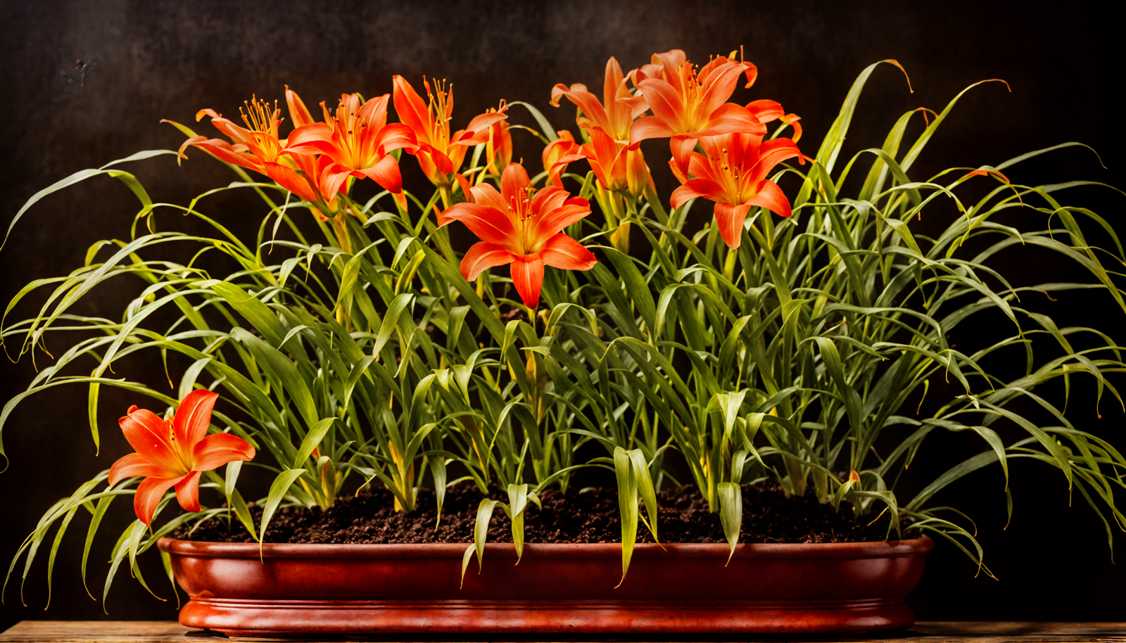 A cluster of Hemerocallis fulva (orange daylilies) in a planter on a wooden table, with clear lighting and a dark background.