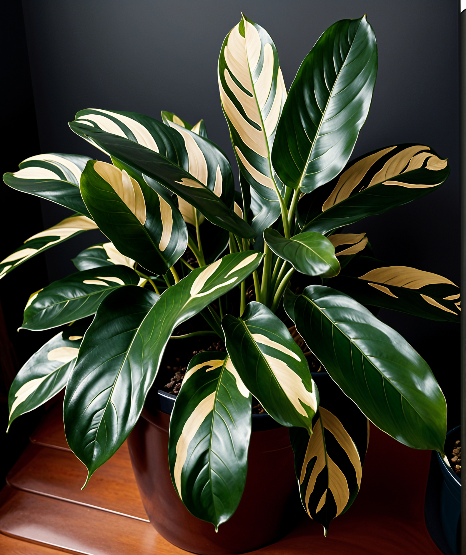 Ctenanthe lubbersiana plant with vibrant leaves in a planter, set against a dark background indoors.