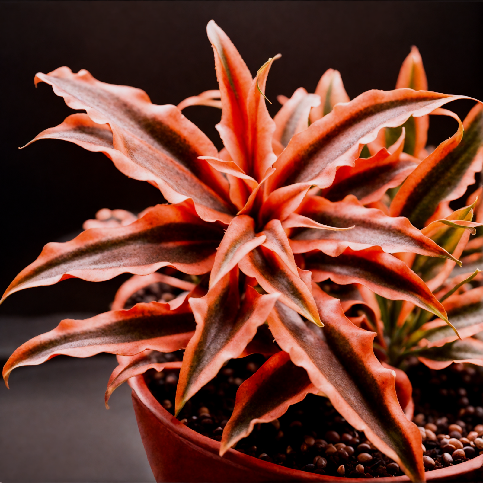 Cryptanthus bivittatus with red leaves in a bowl planter, clear lighting, against a dark background.