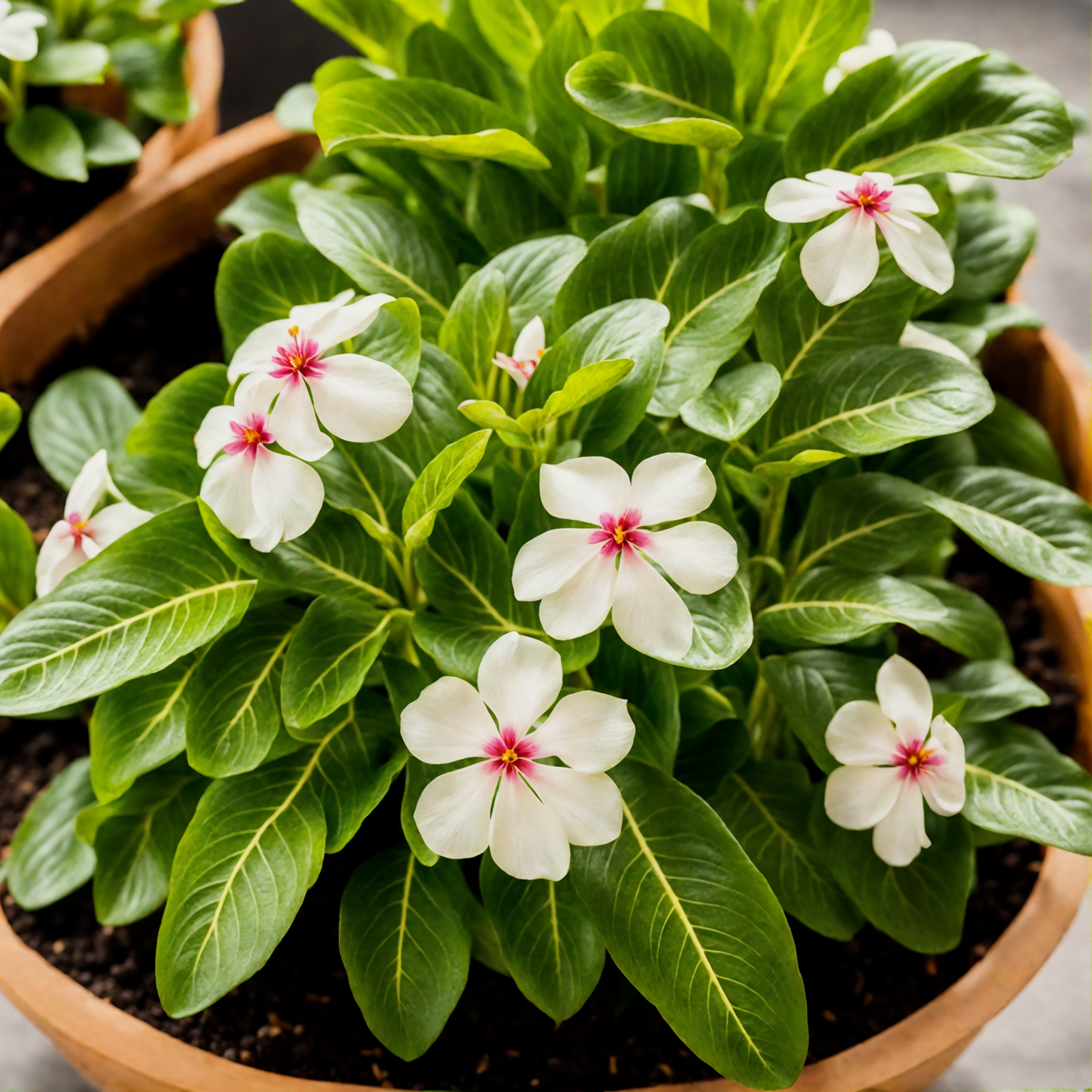 Potted Catharanthus roseus with white flowers, clear lighting, against a dark background.