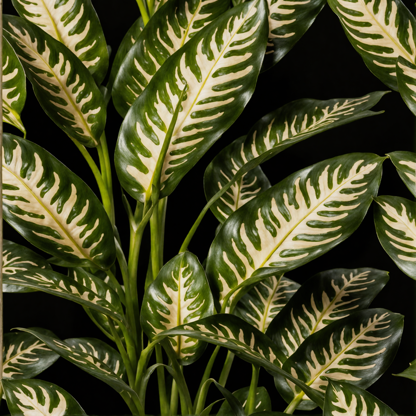 Dieffenbachia seguine in a planter, with detailed leaves, against a dark background, in clear indoor lighting.