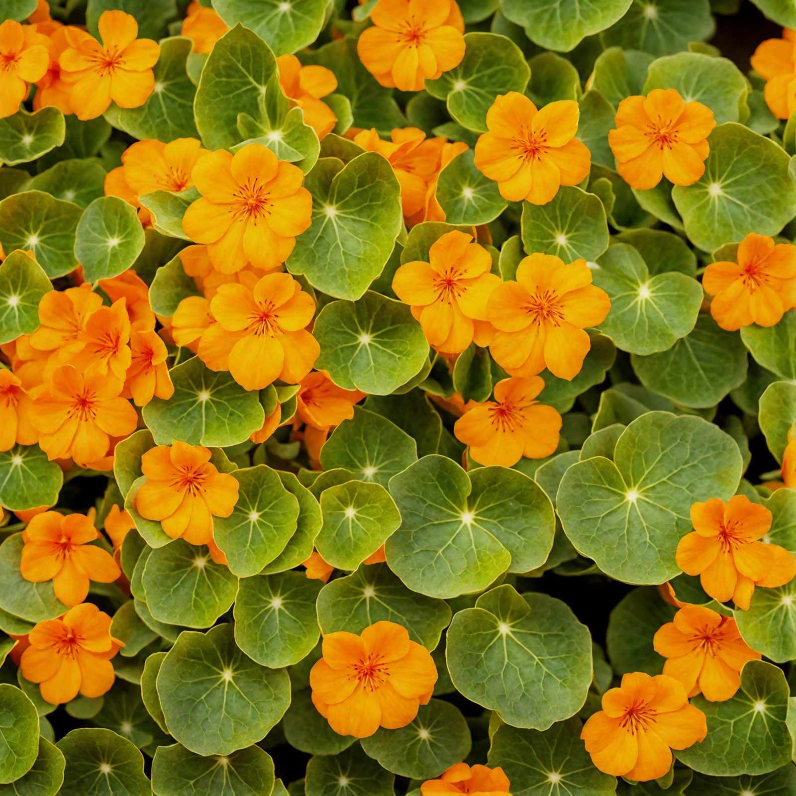 Tropaeolum majus with vibrant yellow and orange flowers in a planter, clear lighting, against a dark background.