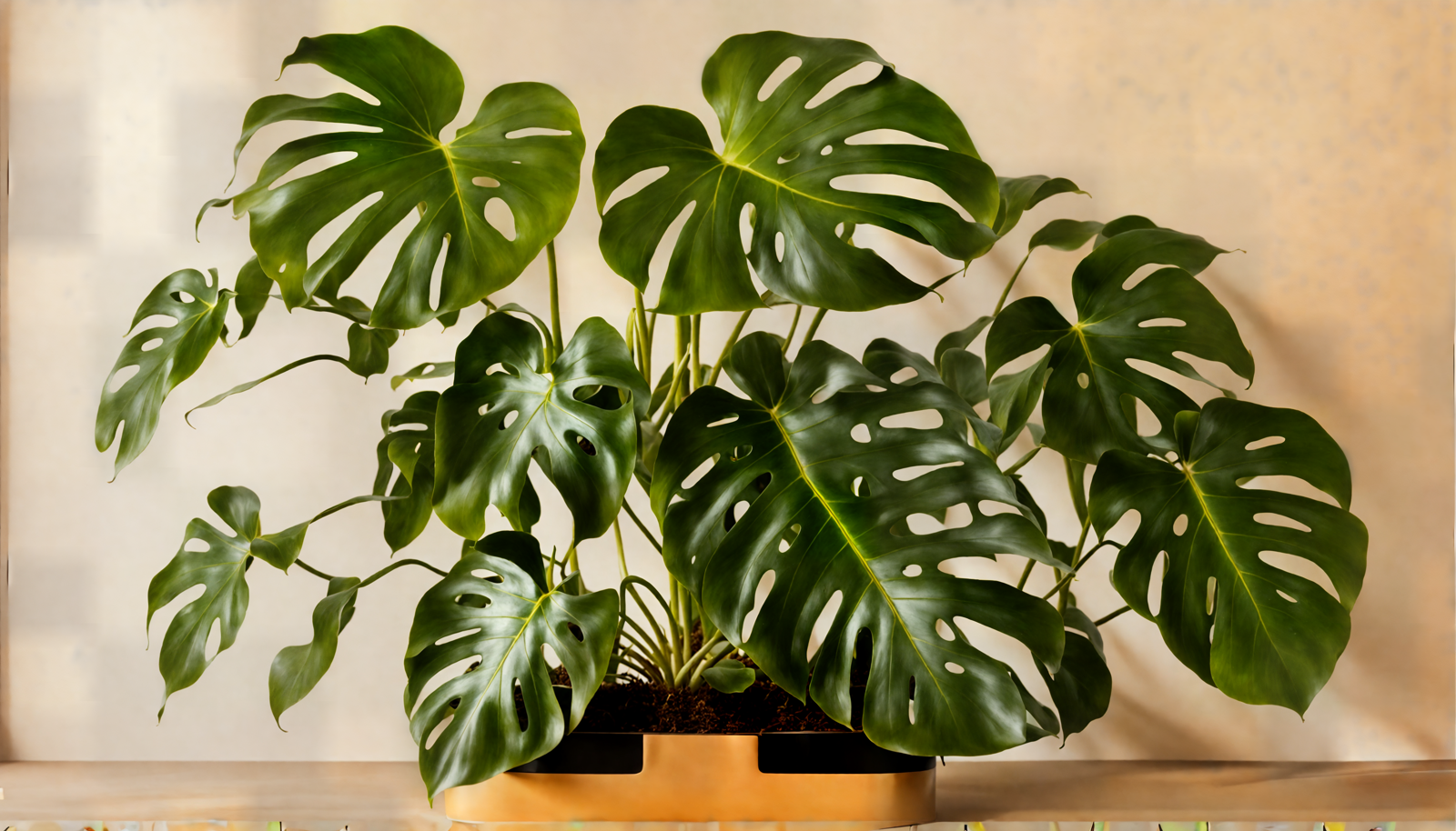 Monstera deliciosa in a planter on a wooden surface, with clear lighting and neutral decor.