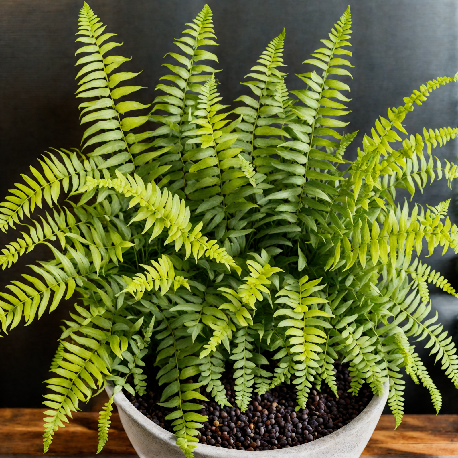 A lush Boston fern (Nephrolepis exaltata) in a planter, with clear lighting and a dark background.